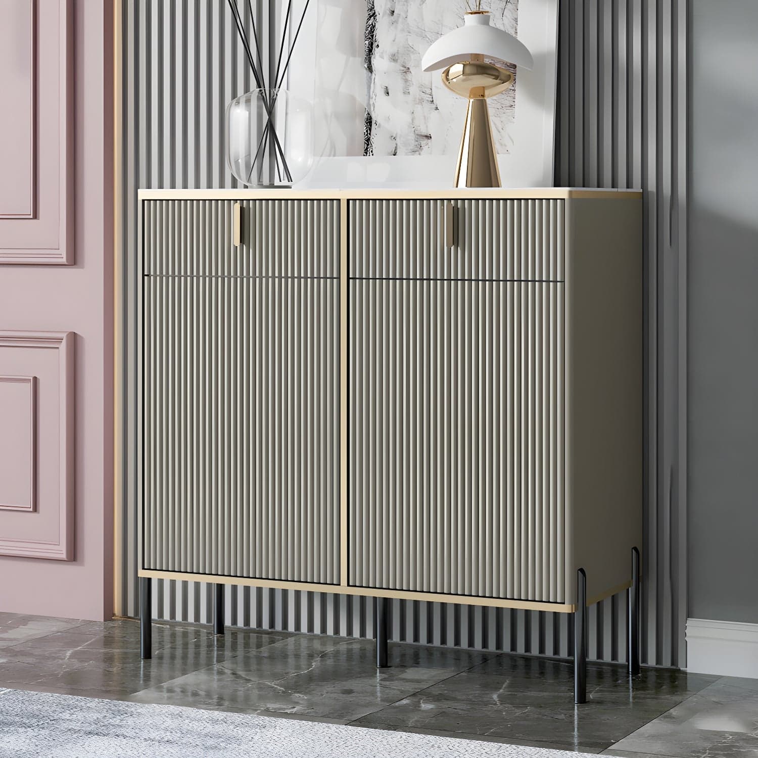 Glam Style Sideboard Stone Side Board with Drawers and Cabinets thumbnail 3