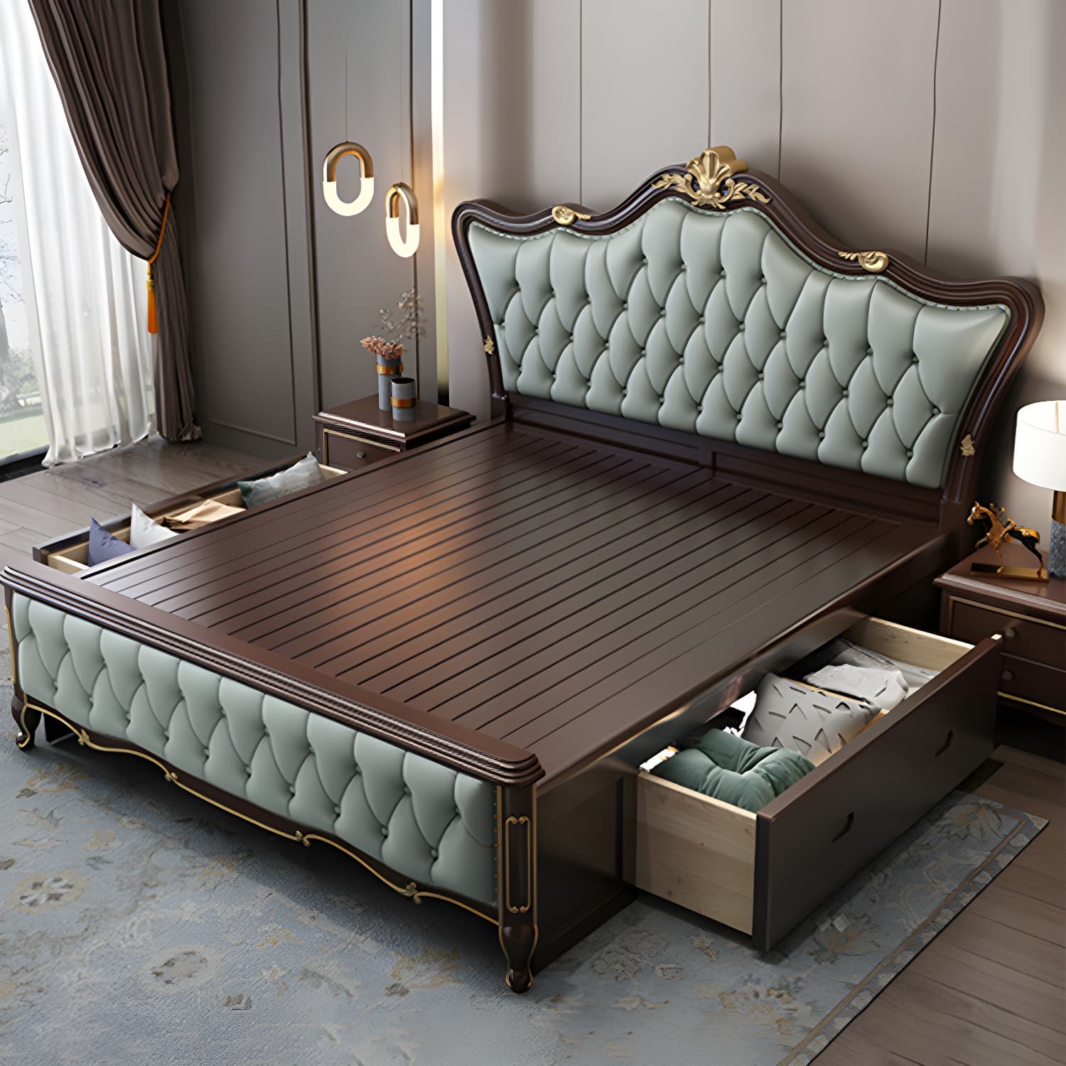 84.65 inch Wide Glam Bed Frame Rubberwood Solid Color Standard Bed with Headboard thumbnail 8