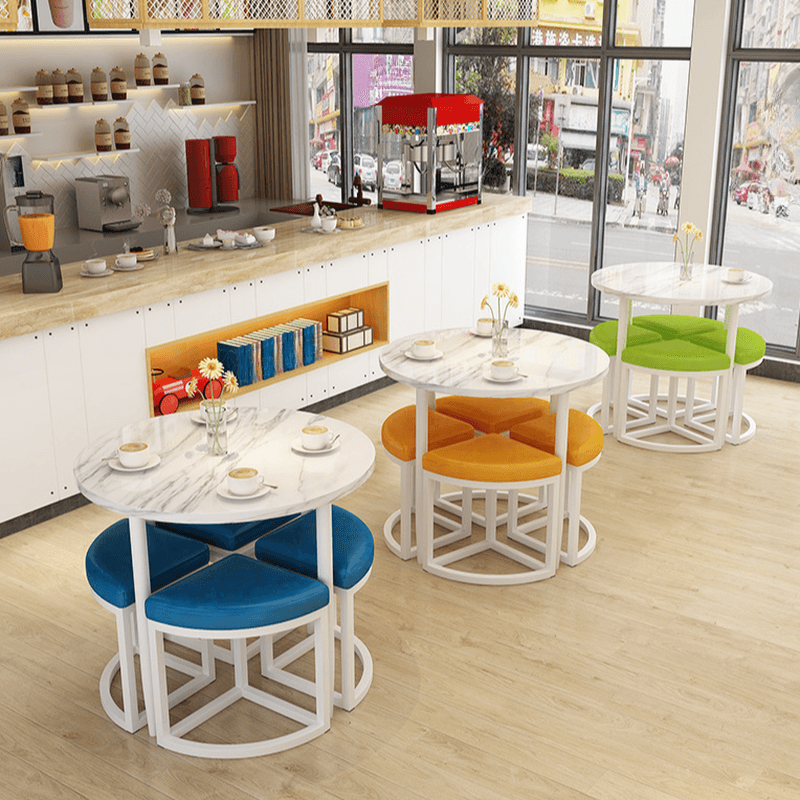 Reclaimed Wood Round Dining Table Set with Metal Toboggan Base and Upholstered Backless Chairs for 4 People thumbnail 7