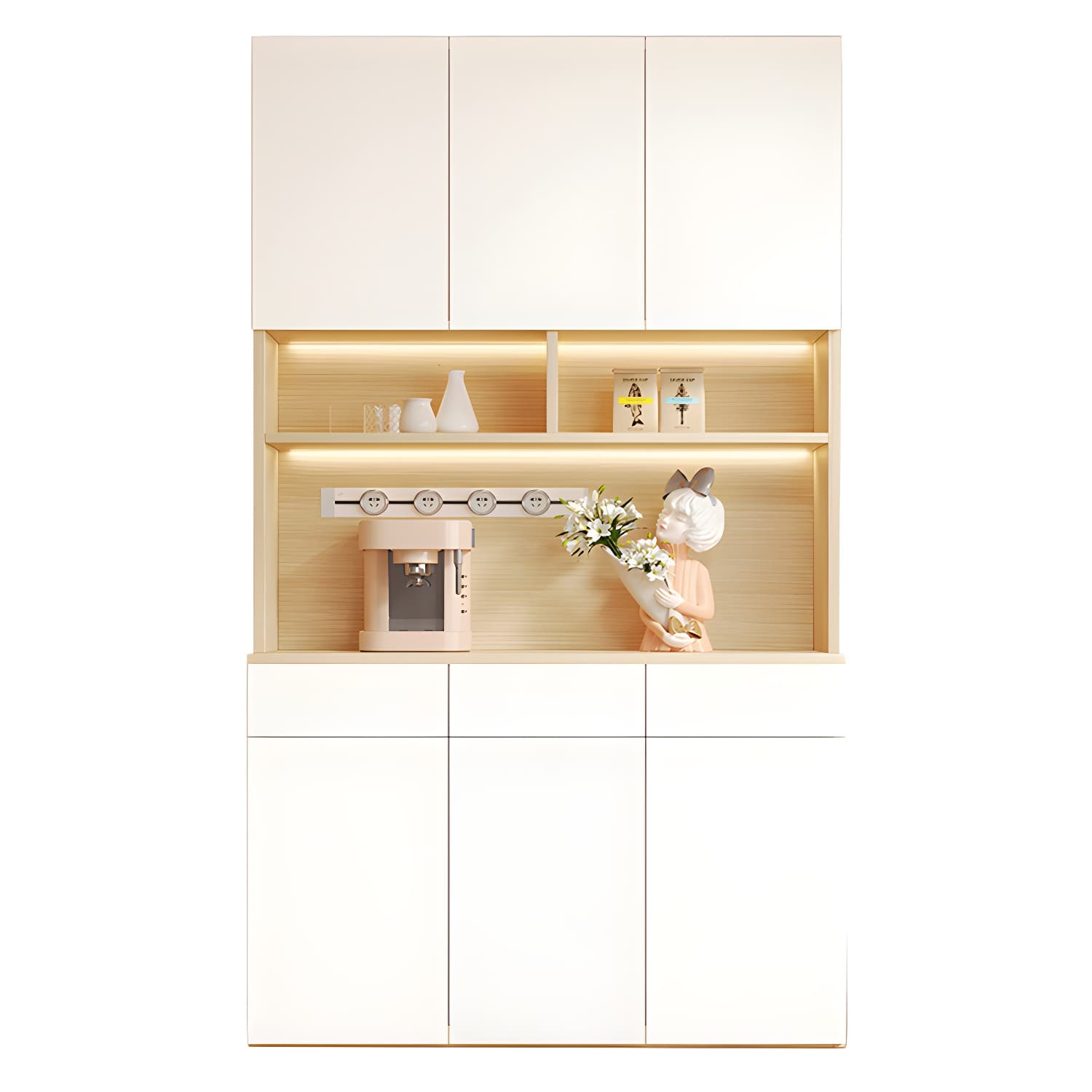 Scandinavian White Wood Buffet Sideboard Cabinet with Cabinets and Shelves thumbnail 3
