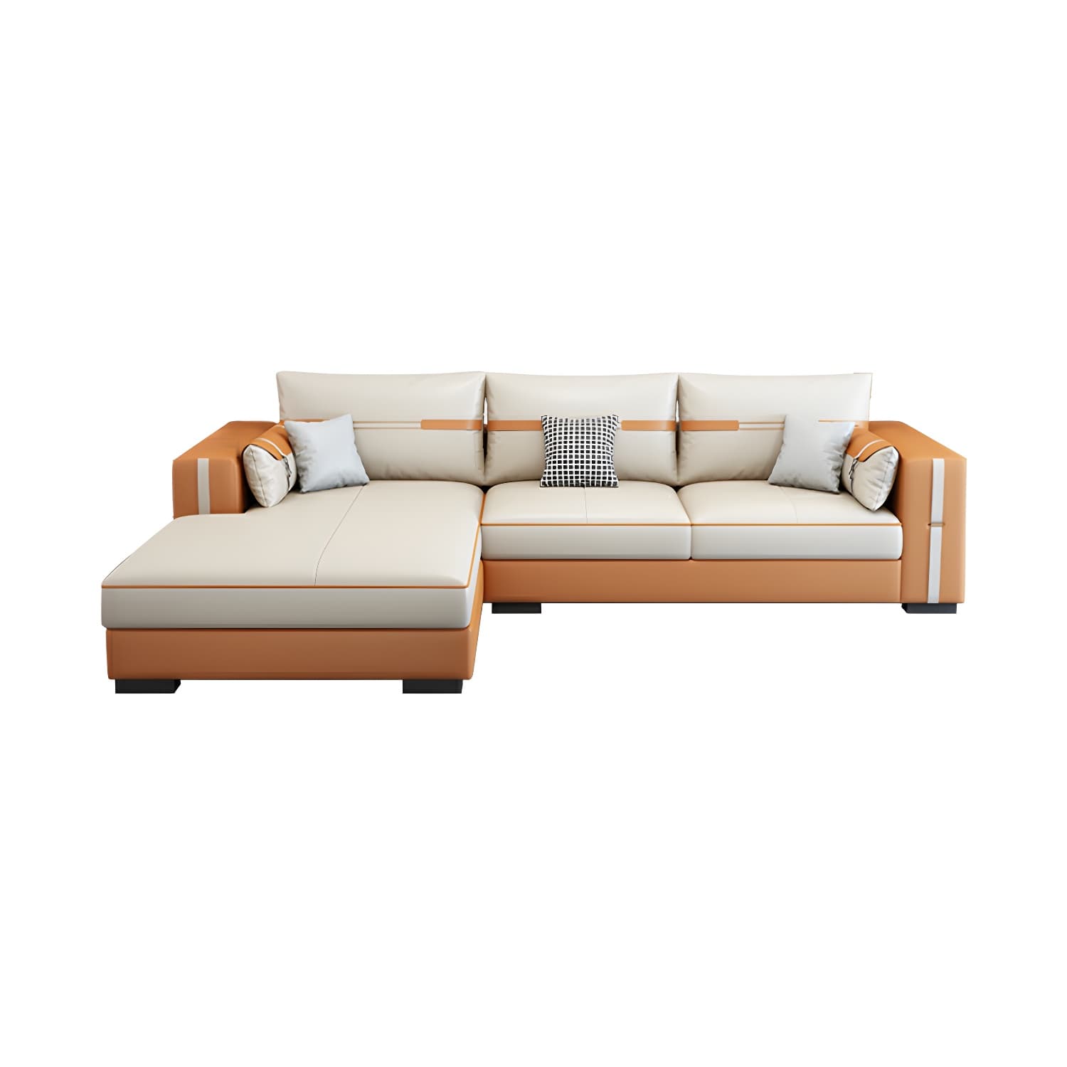 Scandinavian Wood Frame Beige Faux Leather Stationary Sectional Sofa with Cushion Back thumbnail 13
