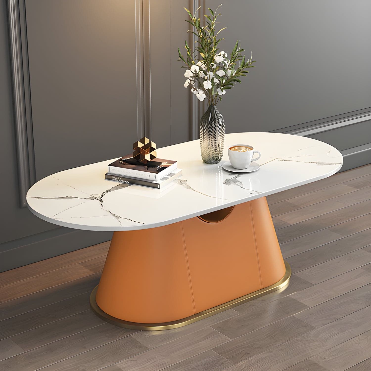 Glam Oval Stone Coffee Table with Pedestal Chrome Base - Scratch Resistant thumbnail 7