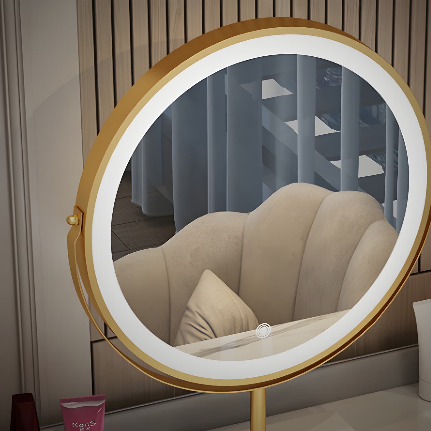 Modern Bedroom Metallic Lighted Mirror With Drawer Makeup Vanity Set thumbnail 12