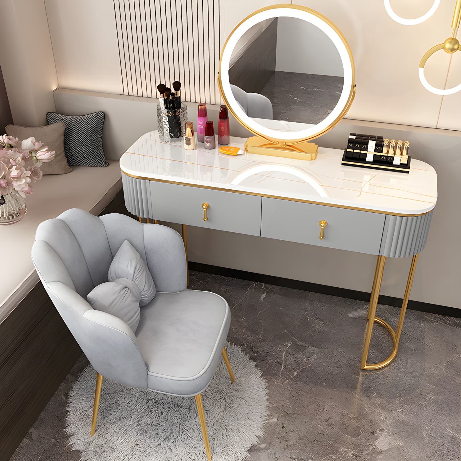 Lighted Mirror Makeup Vanity Storage Box Vanity Dressing Table for Bedroom thumbnail 7