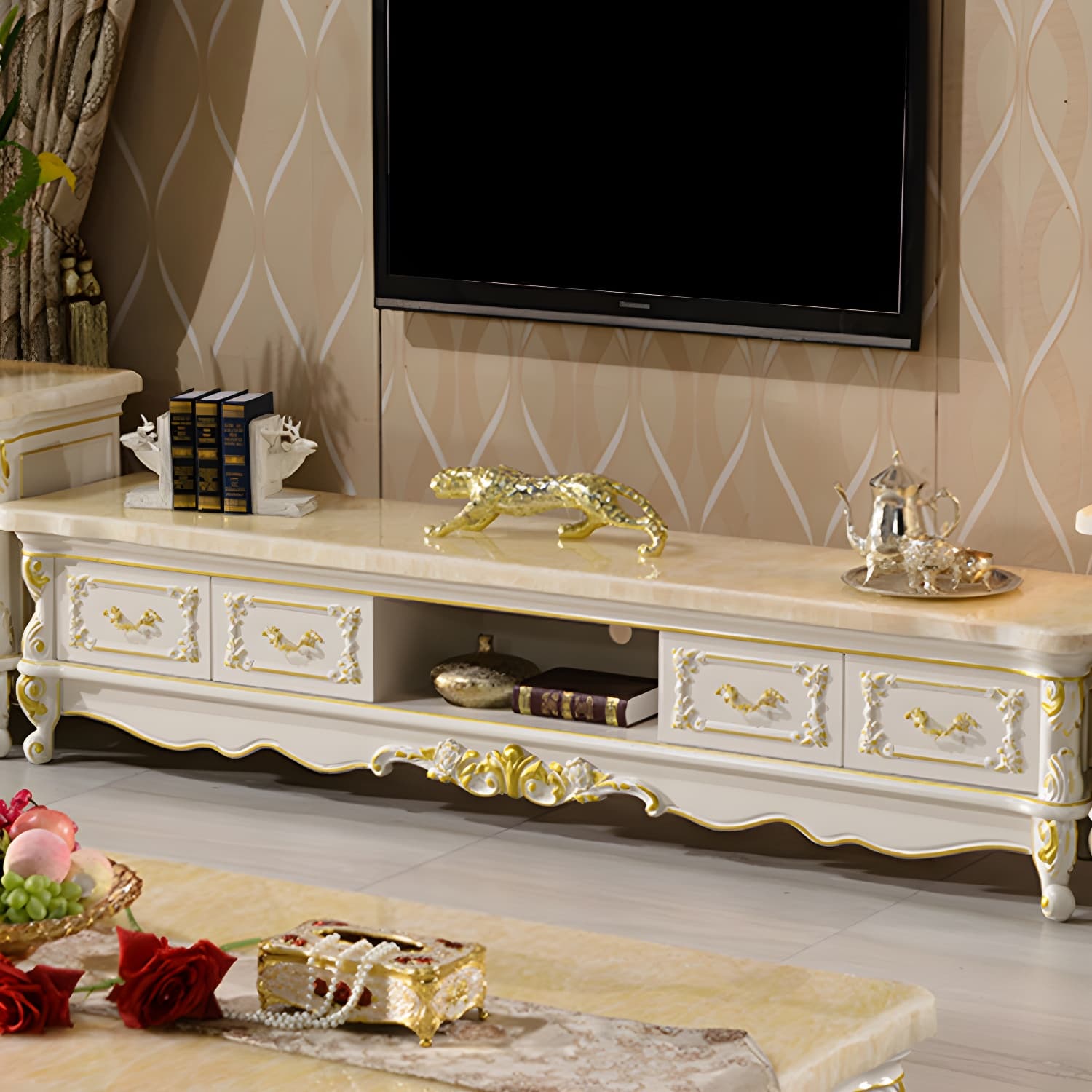 Traditional Marble Top TV Cabinet Solid Wood Crafted TV Stand for Living Room thumbnail 10