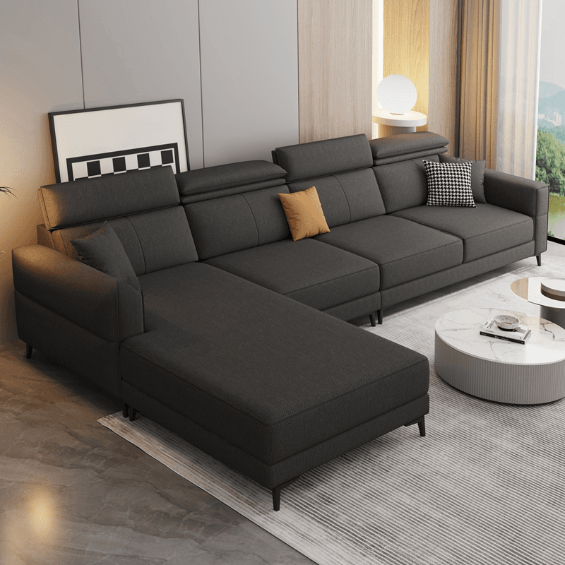 3 Pc Contemporary Modern L-Shape Sofa Chaise in Grey/Cream with Square Arm & Cushion Back thumbnail 2