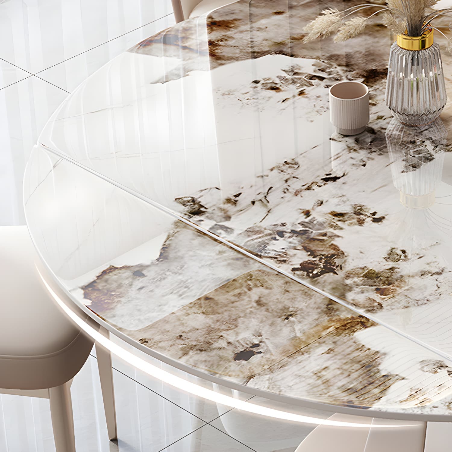 Round Metal Dining Set in White with Gold Pedestal Base and Self-Storing Leaf - 5 Piece Set thumbnail 9