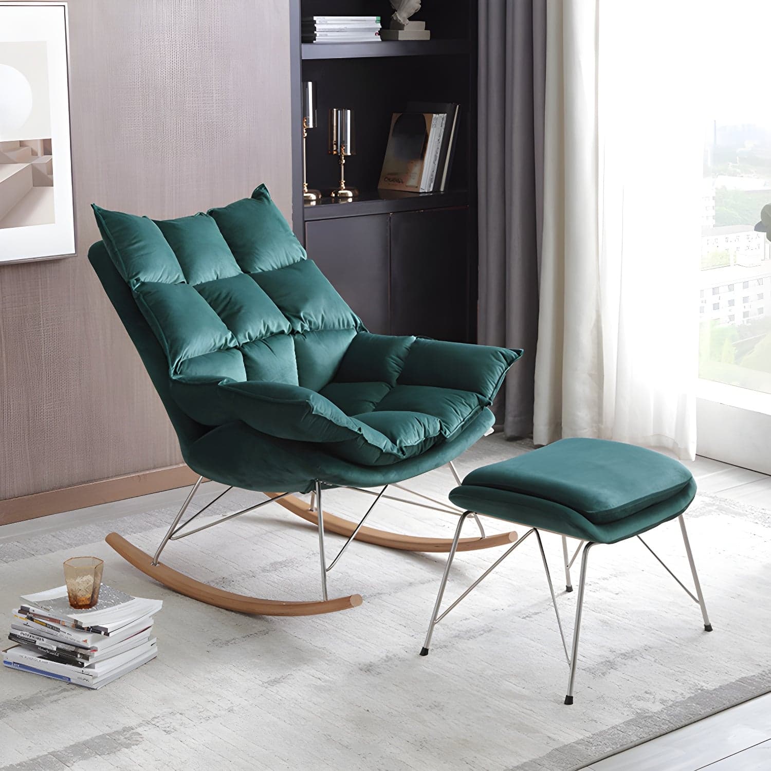 Modern Indoor Sofa Rocking Chair Mother Feeding Rocking Chair with Cushion and Ottoman thumbnail 2