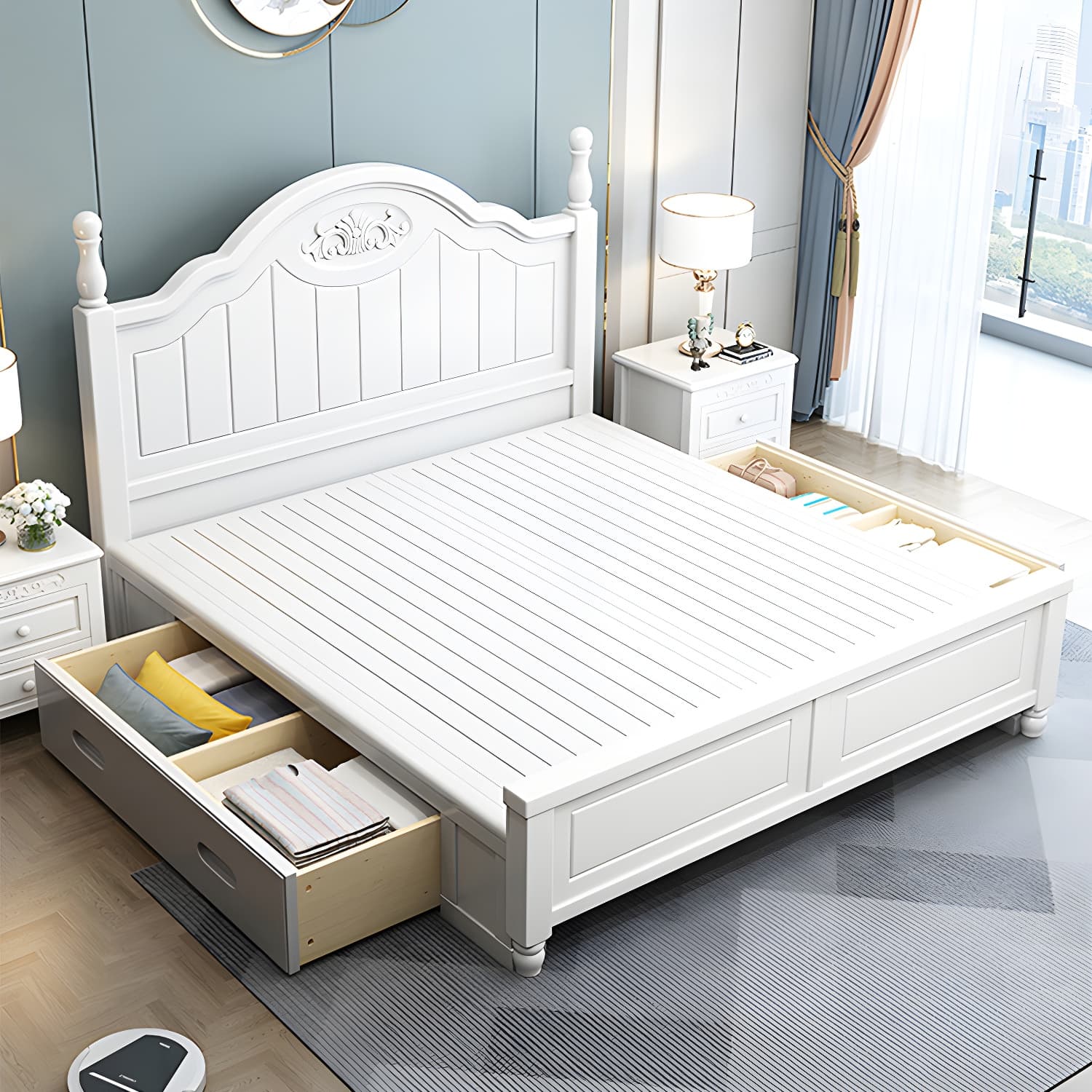 French Country Bed 83.46" Long Bed with Arched Headboard in White thumbnail 11