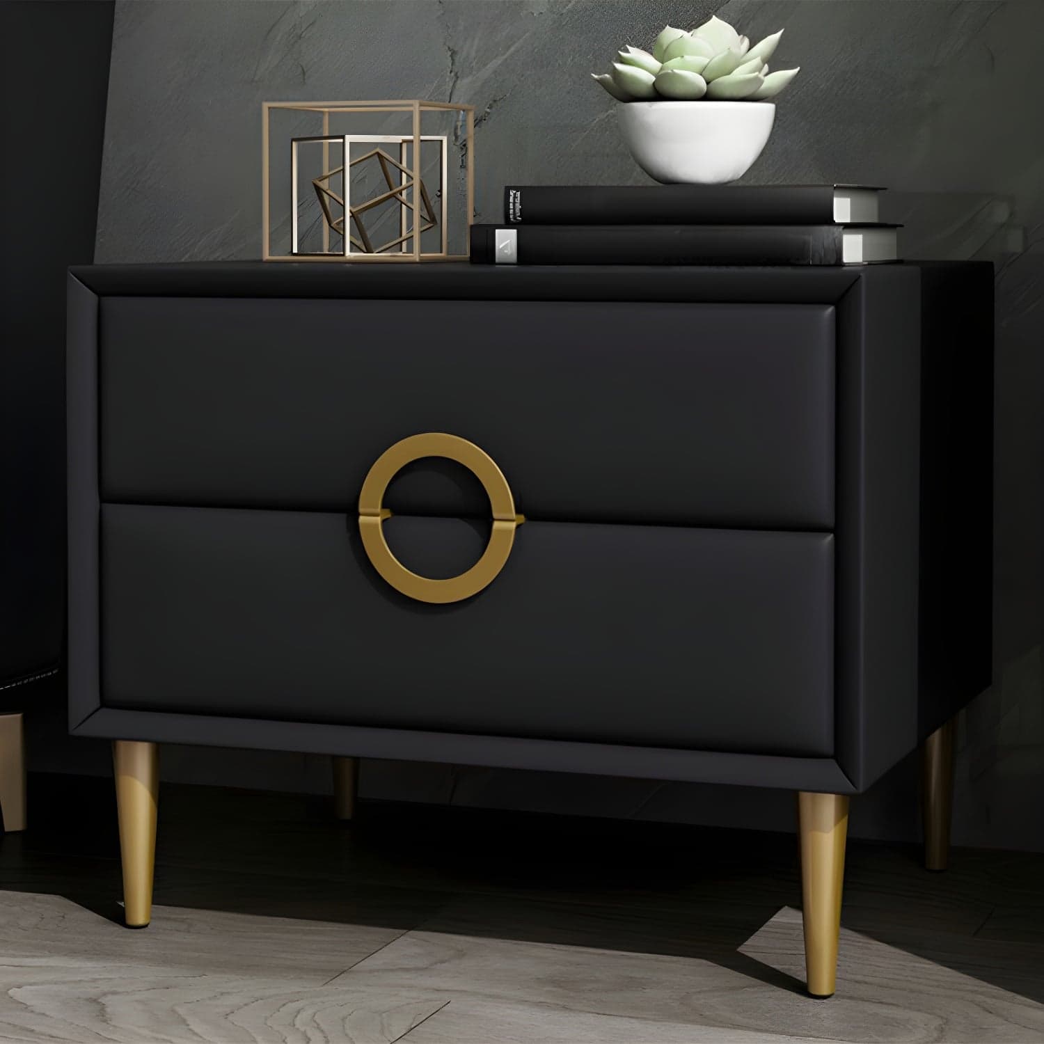 Glam Style Solid Wood Two Drawers Nightstand with Legs for Bedroom thumbnail 2