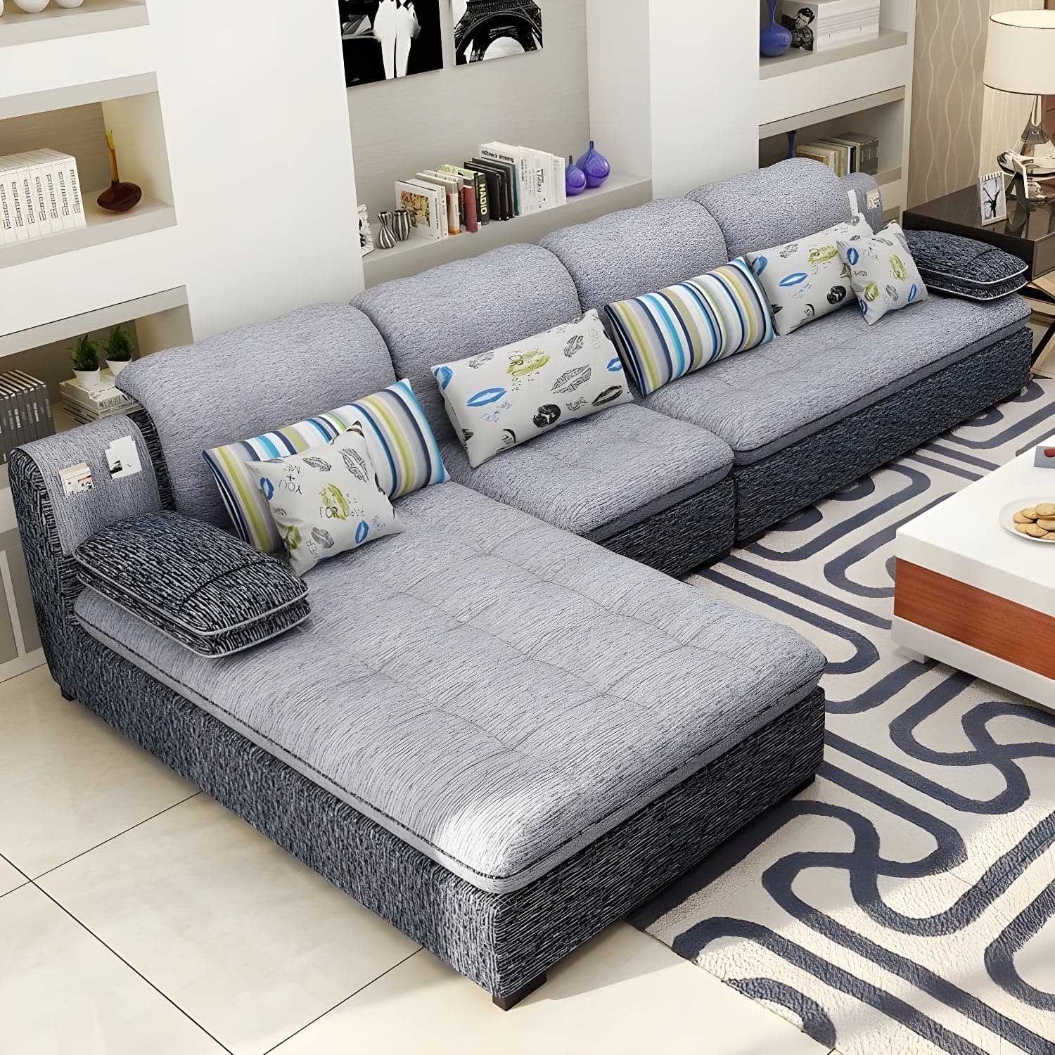 Modern Wood Frame L-Shaped Stationary Sofa Chaise with Adjustable Headrest and Storage Included thumbnail 10