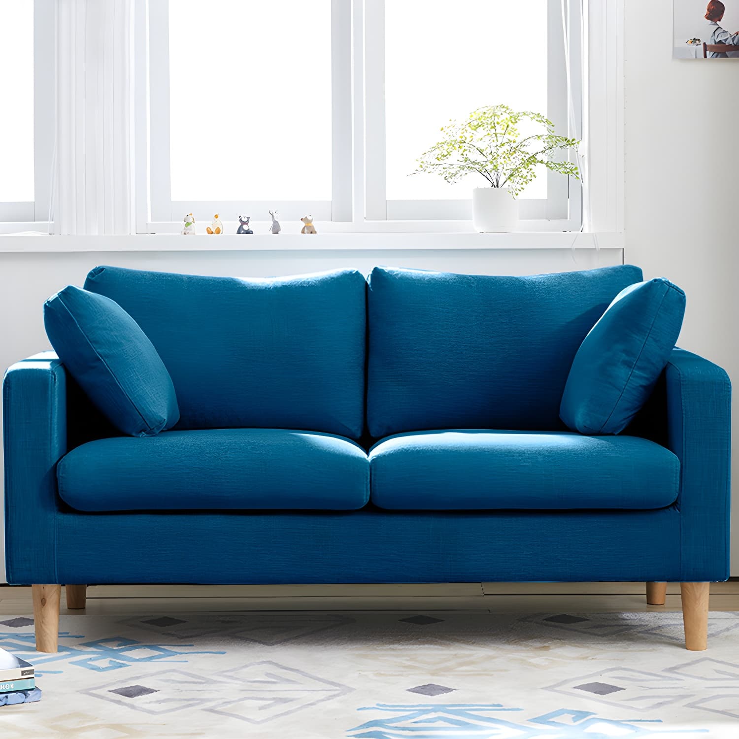 Contemporary Square Arm Couch Faux Leather Loveseat with Pillows thumbnail 1