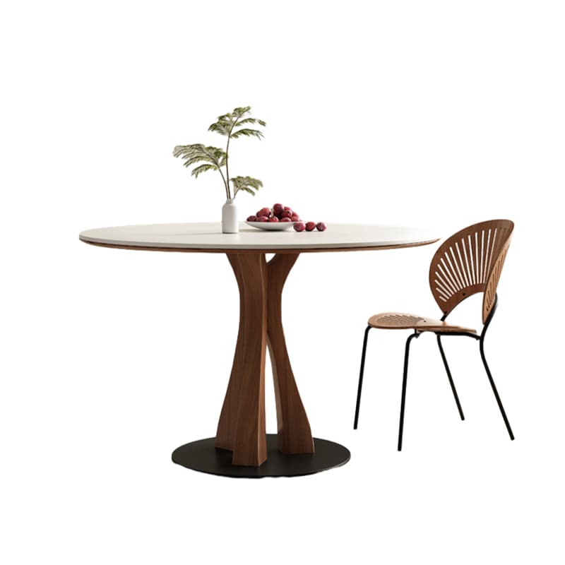 White Stone Round Modern Dining Table with Ash Wood Pedestal Base thumbnail 5