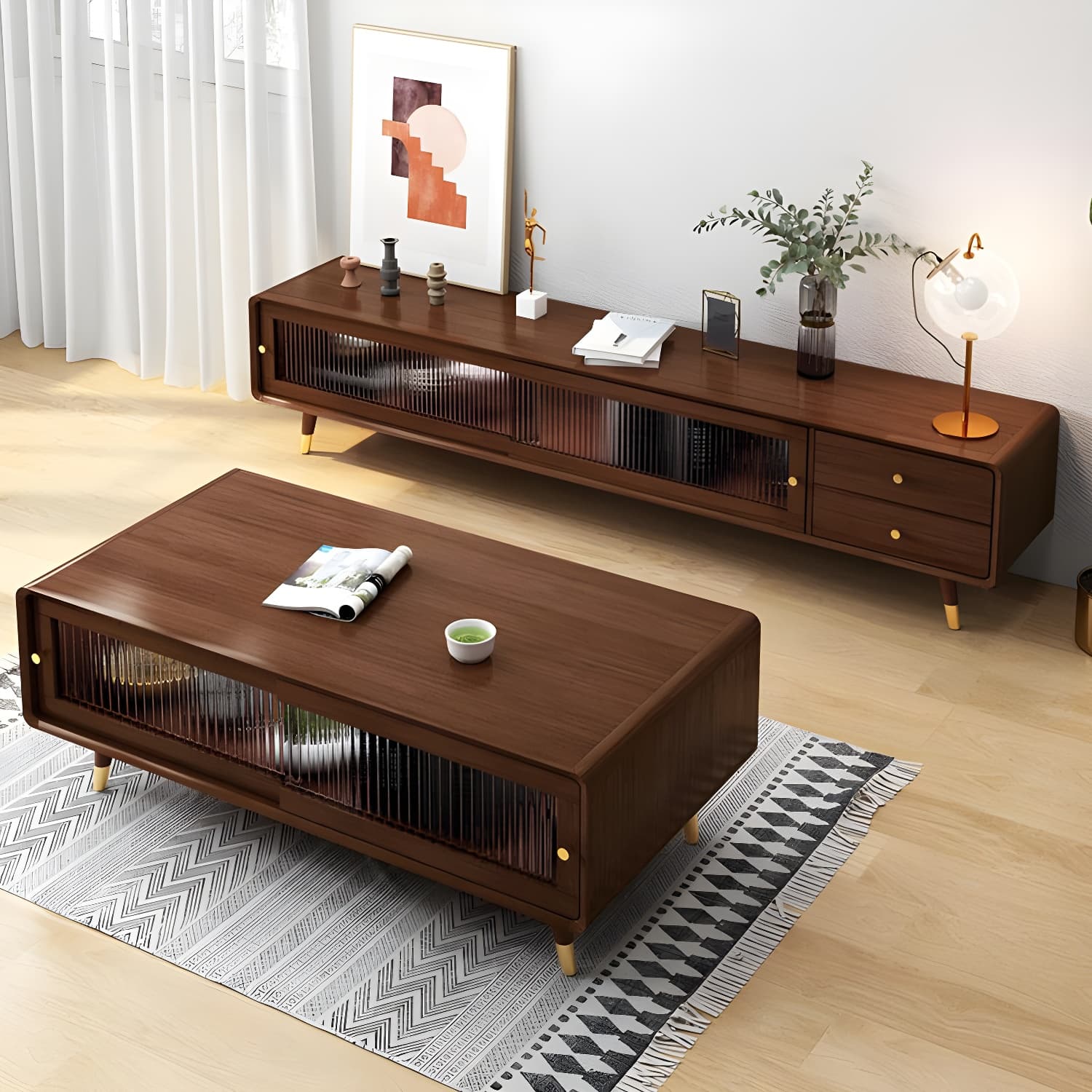 Scandinavian Style Low Height Wood TV Stand With 2 Drawers and Cabinet, Size 15.7'' x 17.7'' thumbnail 6