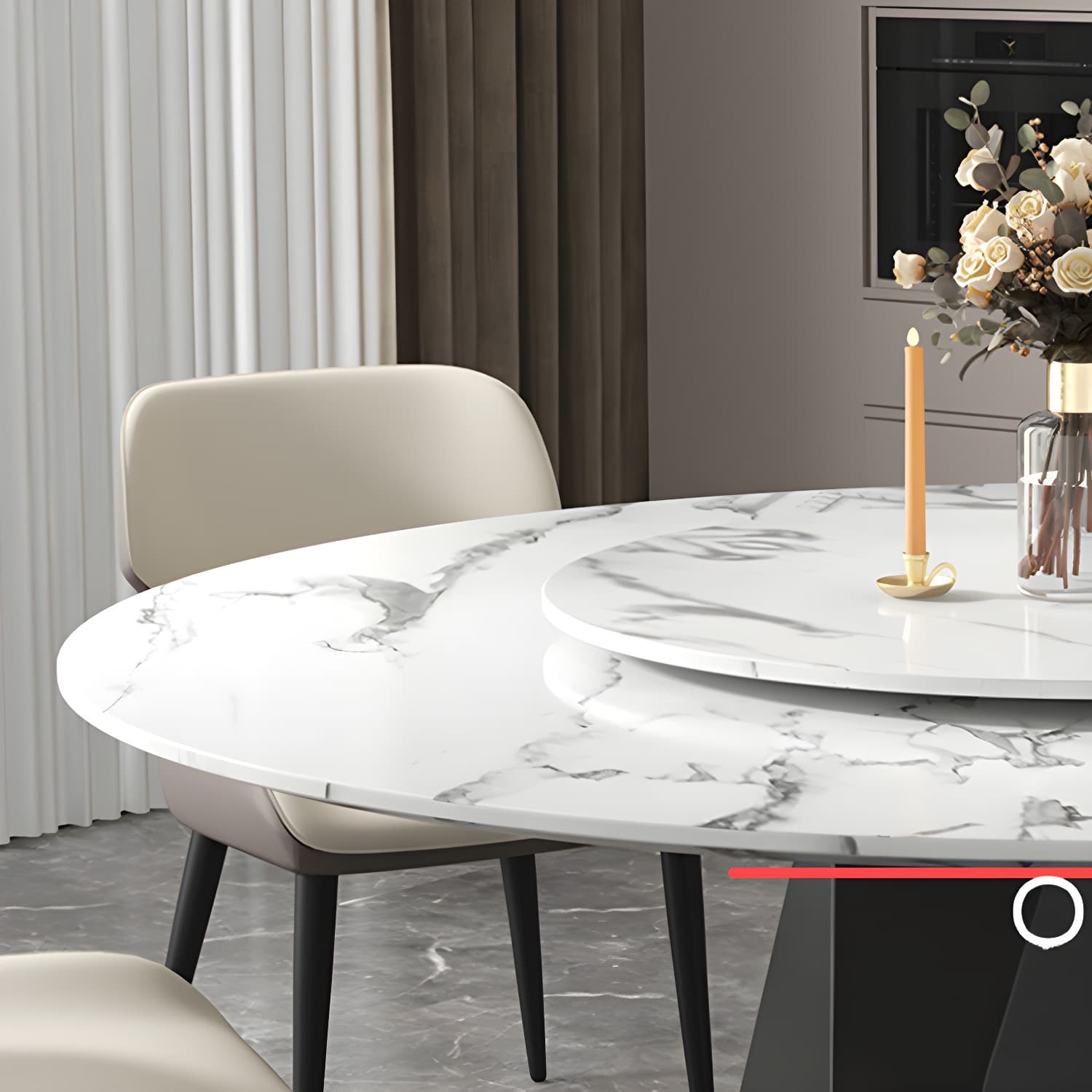 Round White Marble Modern Dining Table with Black Steel Pedestal Base and Convenient Lazy Susan thumbnail 9