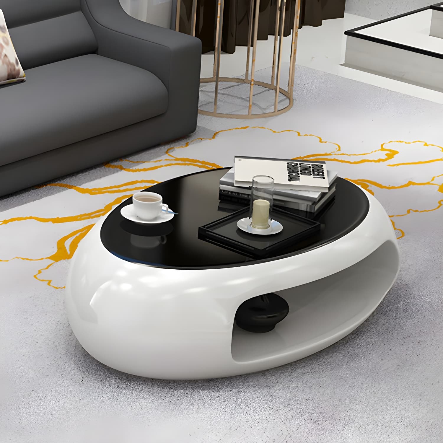 Modern Oval Coffee Table with Storage Shelf and Plastic Pedestal Base thumbnail 5