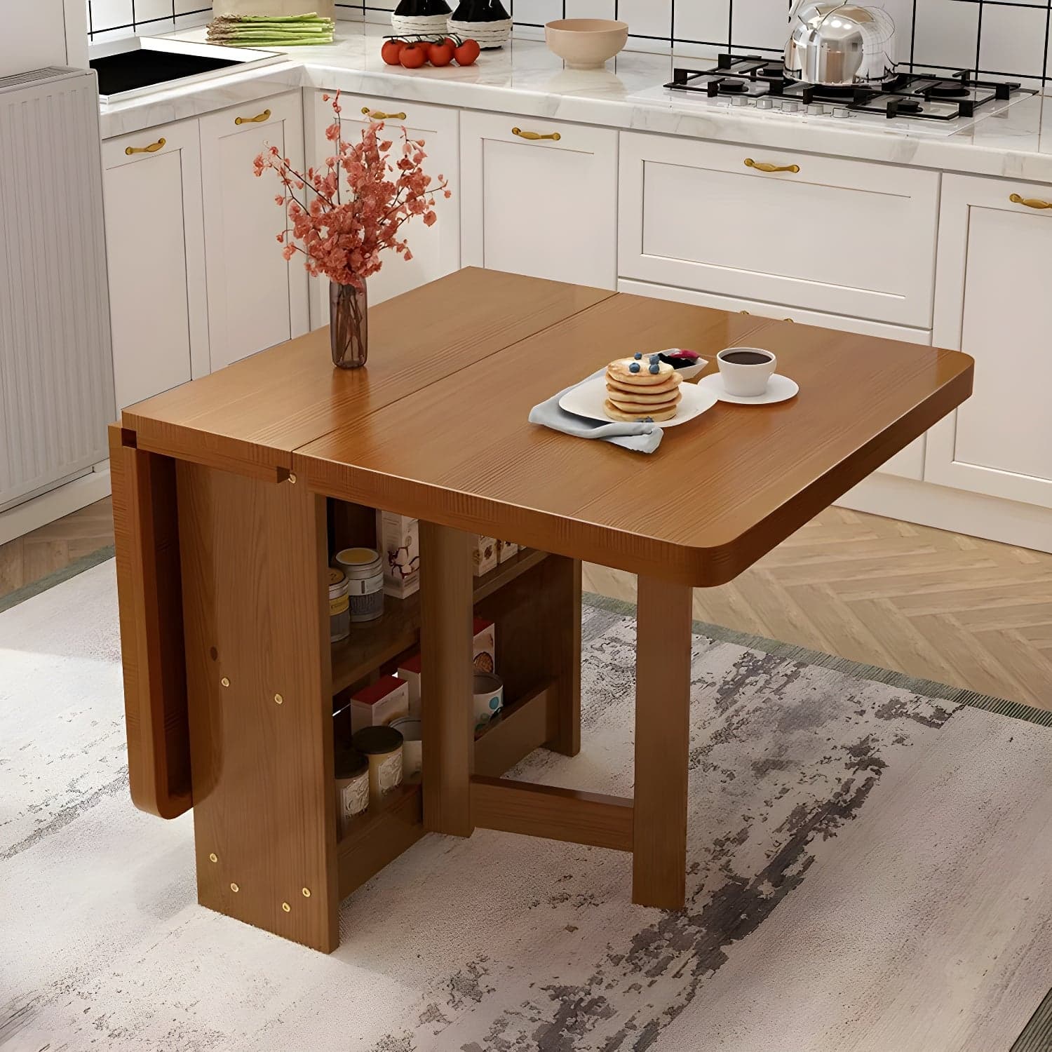 Modern Rectangular Wood Dining Table with Pedestal Base, Seats 4, Drop Leaf Design thumbnail 1