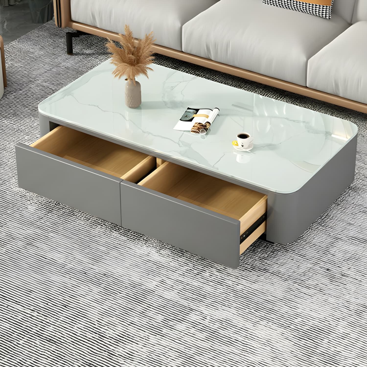 Modern Rectangular Coffee Table with Tempered Glass Top & Black Wood Base thumbnail 10