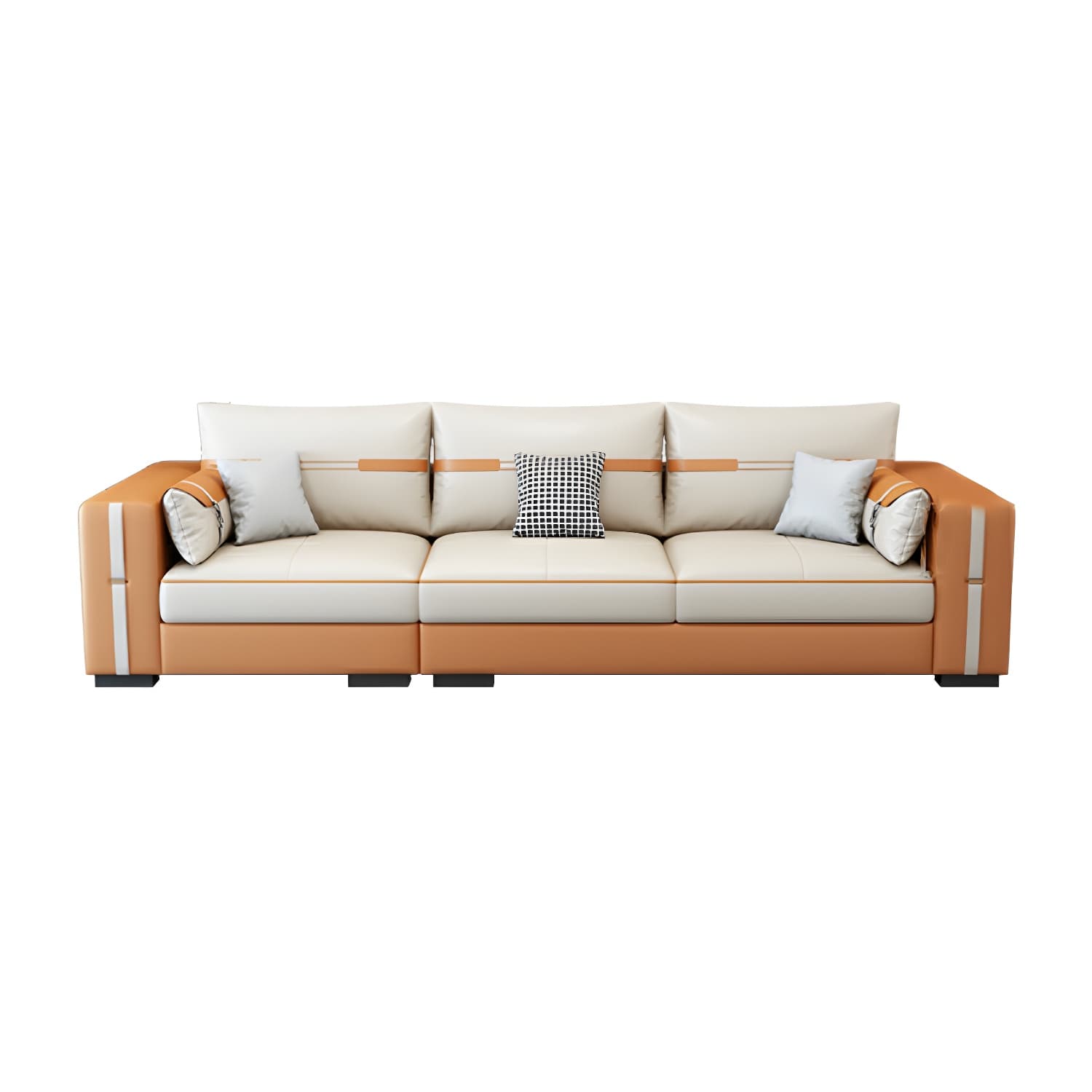 Scandinavian Wood Frame Beige Faux Leather Stationary Sectional Sofa with Cushion Back thumbnail 5