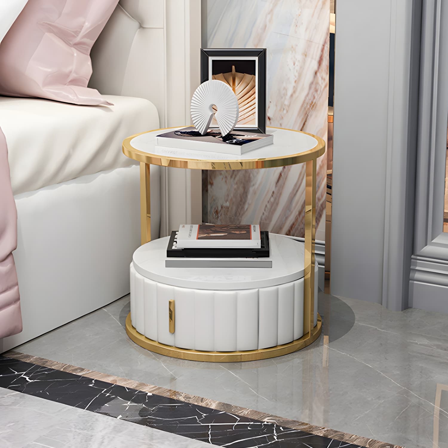 Modern Open Storage Nightstand Stone Top 20 Inch Tall 1-Drawer Night Table thumbnail 12