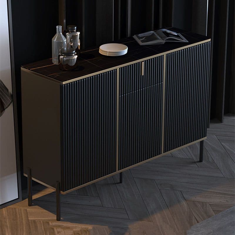 Black Floor Freestanding Sideboard in Wood with Glass Countertop and Kitchen Appliance Storage for Living Room in a Trendy Style