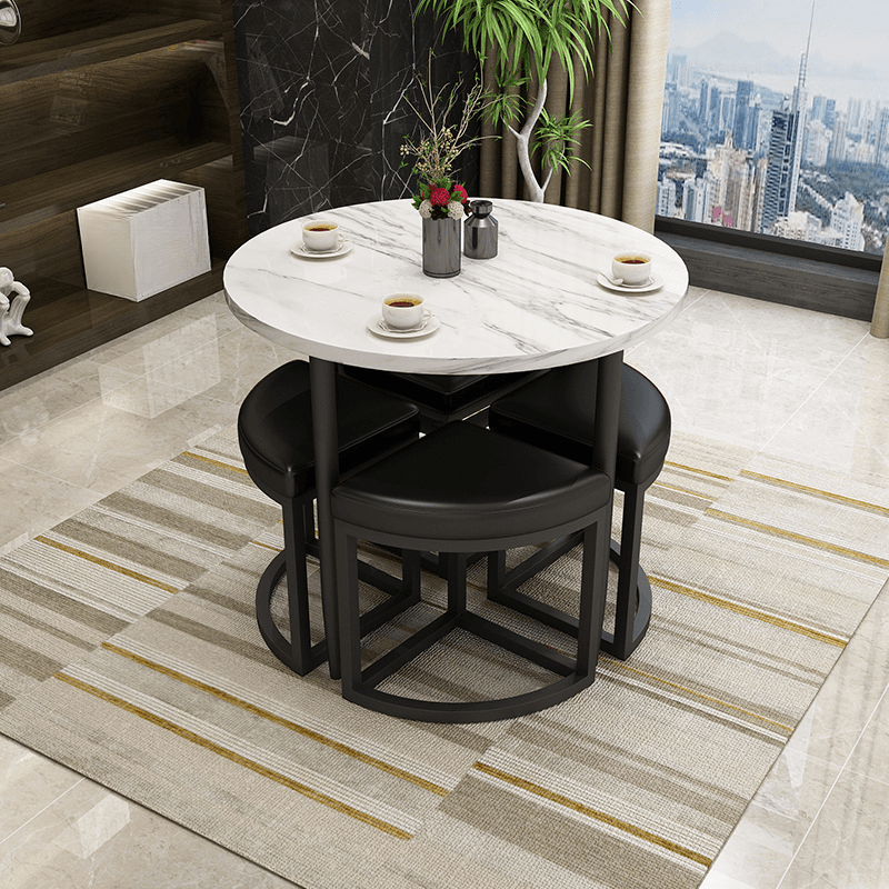 Reclaimed Wood Round Dining Table Set with Metal Toboggan Base and Upholstered Backless Chairs for 4 People thumbnail 29