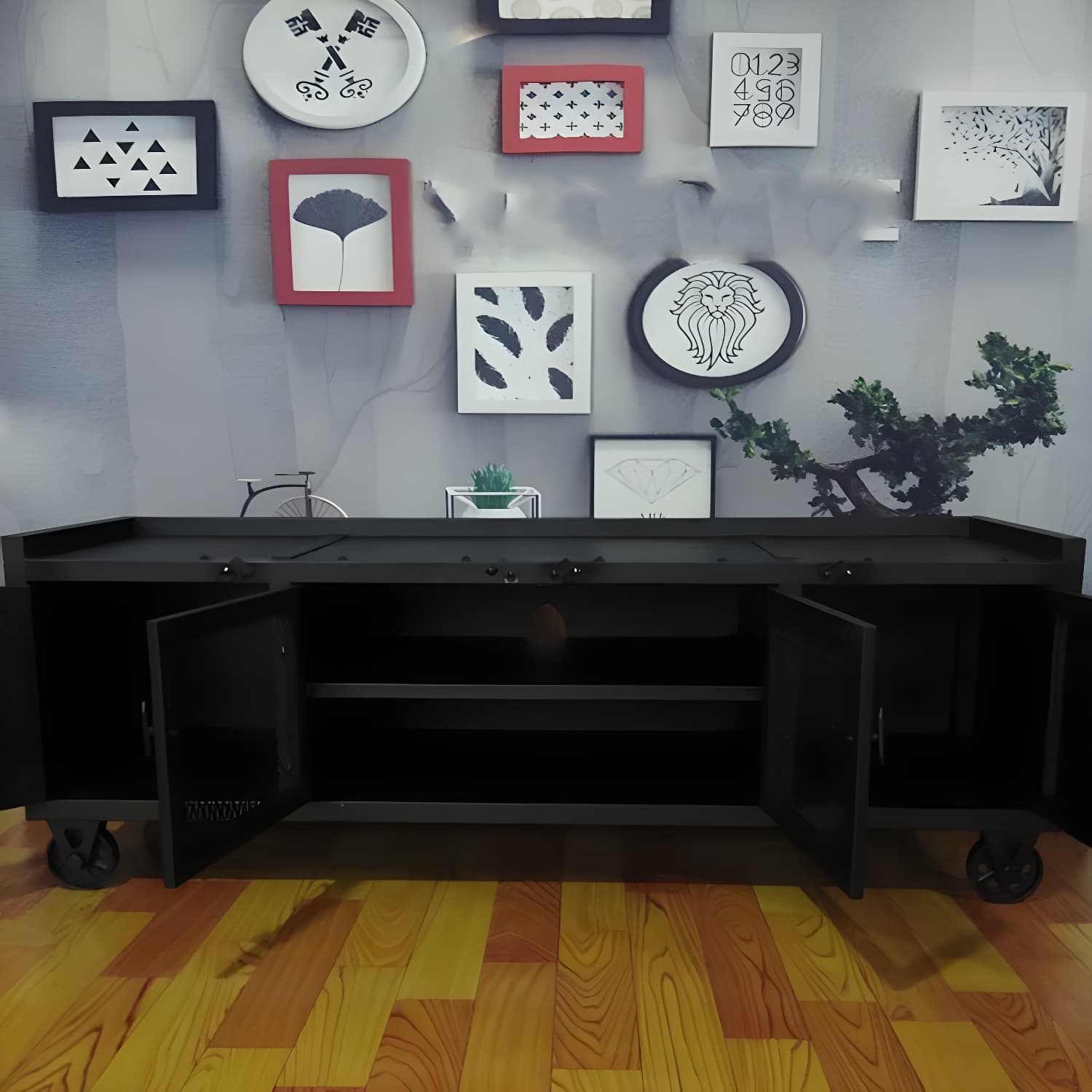 Metal Black TV Cabinet Industrial Style Home TV Stand Console with Casters thumbnail 3