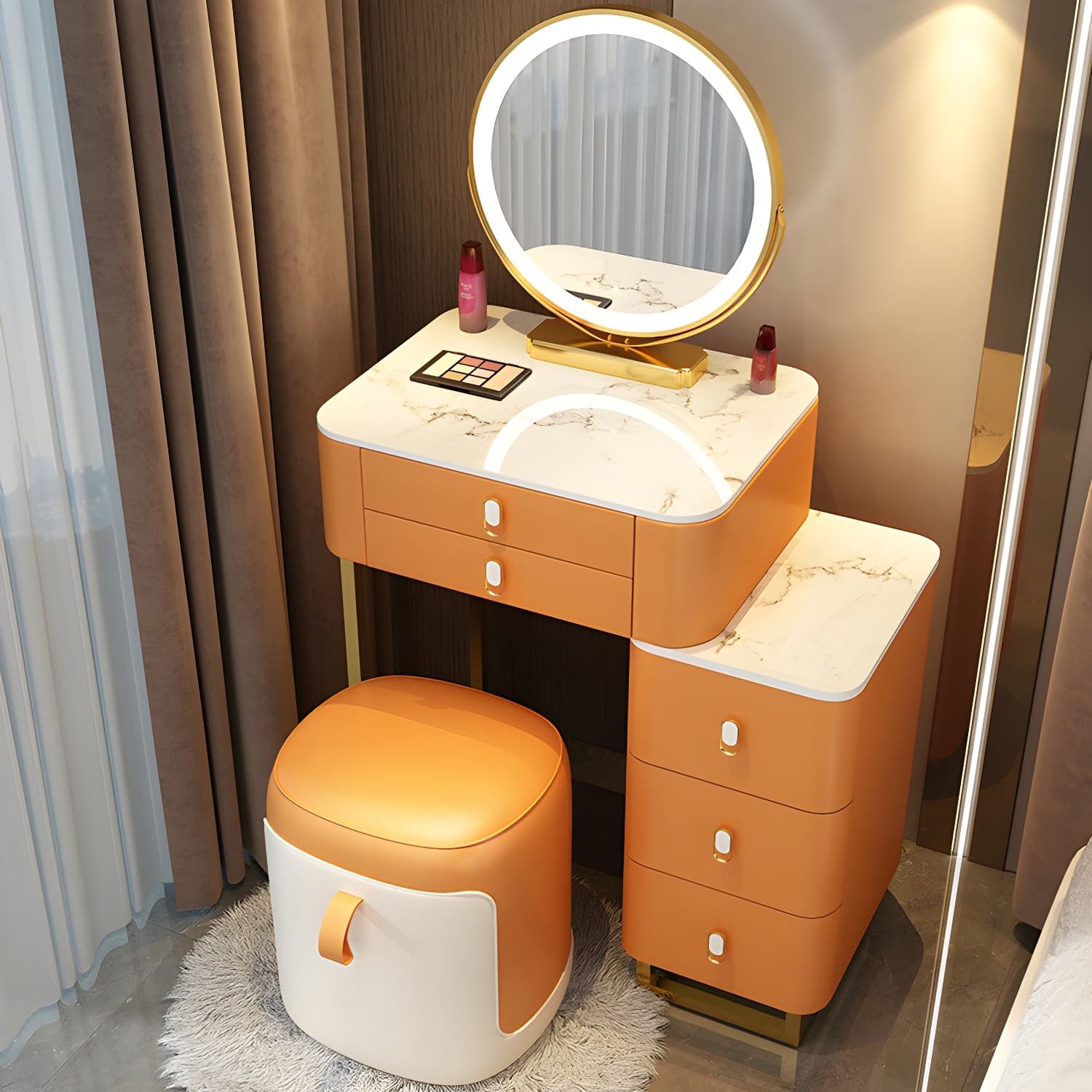 Stone Top Vanity with Storage Drawers Makeup Vanity Desk with Stool and Mirror thumbnail 3