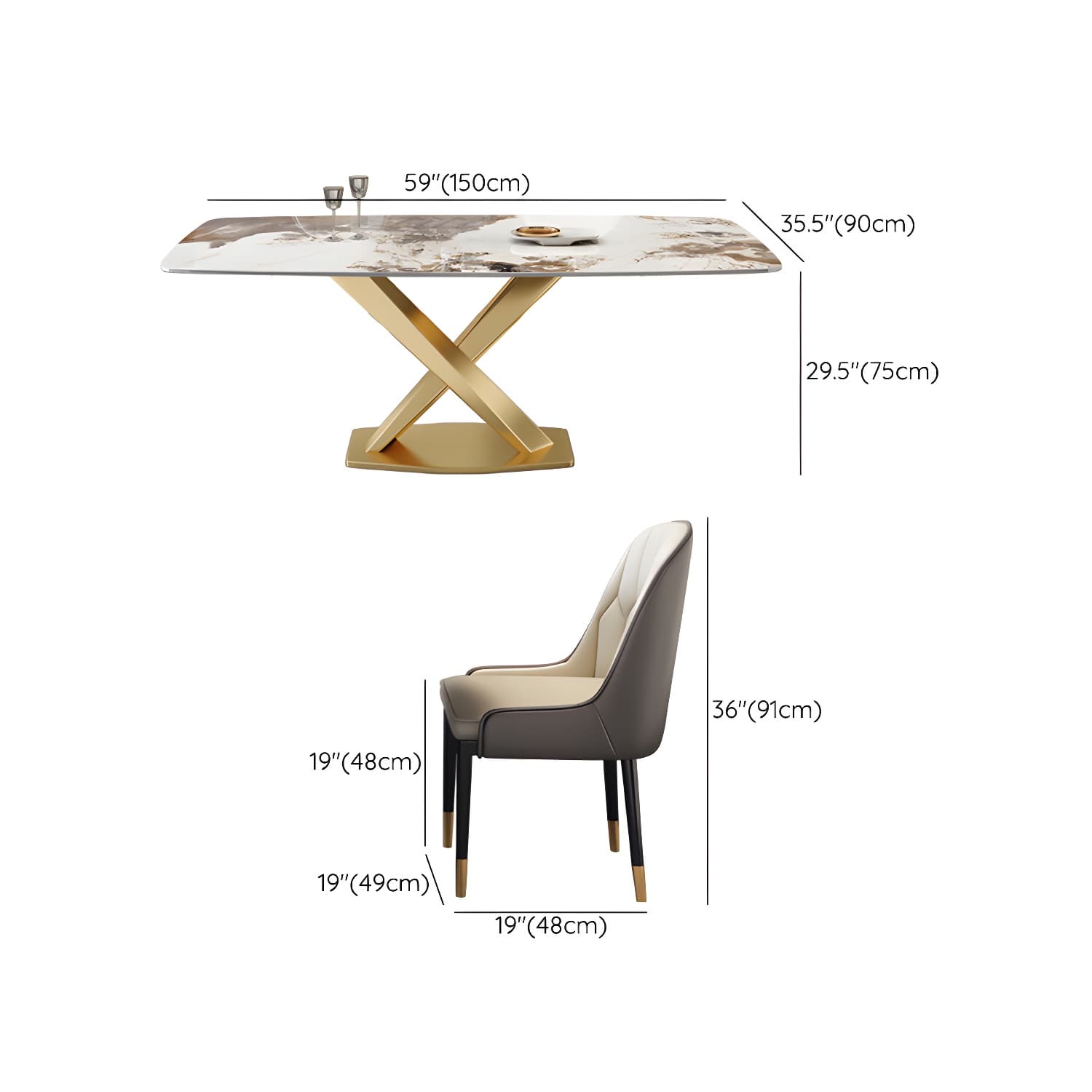 Glam Metal Dining Set in Beige with Gold Pedestal Base and Slate Tabletop - 1/5/7 Piece Set thumbnail 21