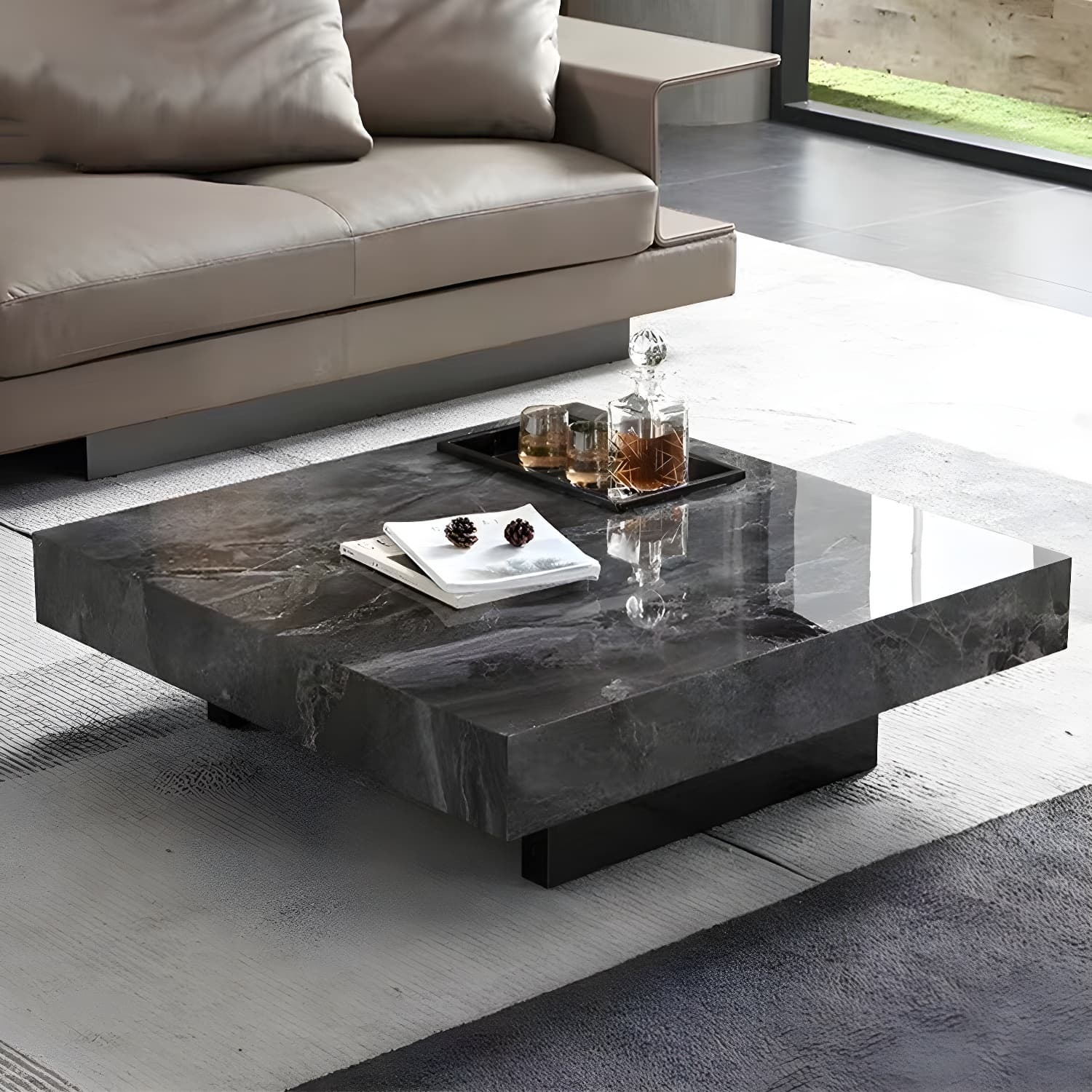 No Distressing Coffee Table Pedestal Faux Marble Square Cocktail Table thumbnail 4