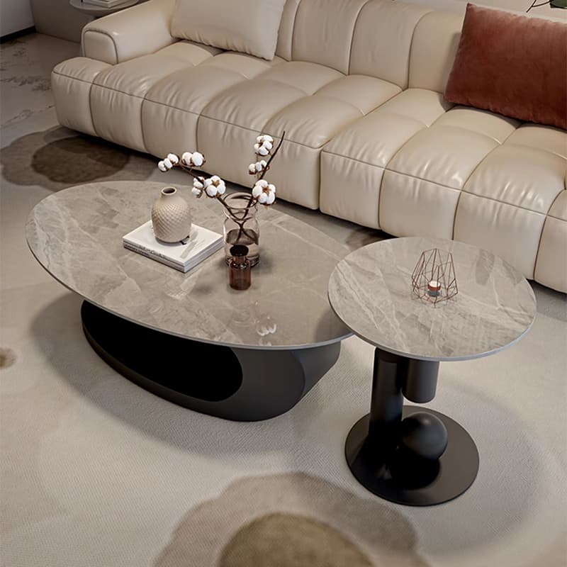 Modern Oval Stone Top Coffee Table, Abstract Iron Base, Scratch Resistant thumbnail 7