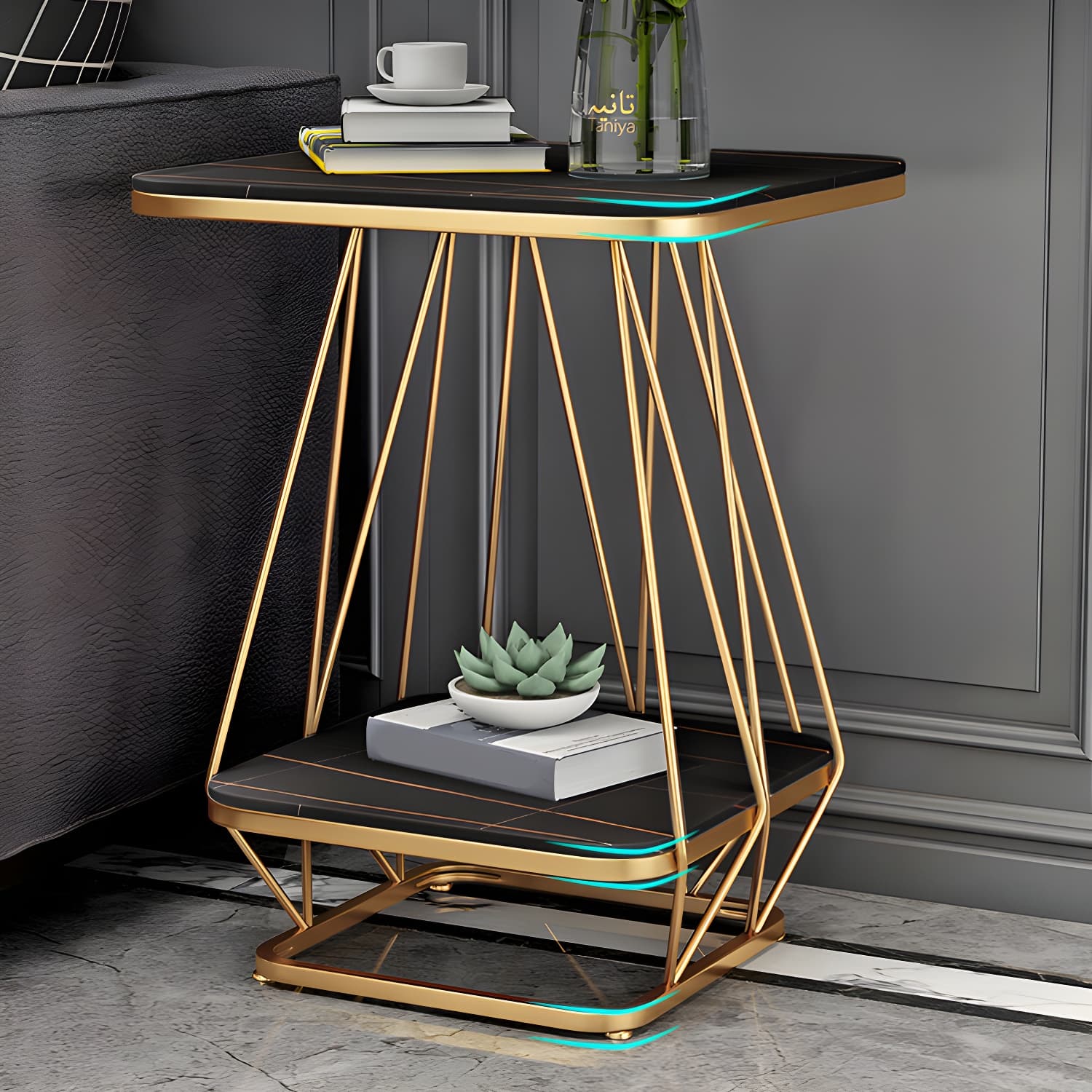 Glam Metal Night Table Stone Top 24'' Tall Open Storage Nightstand with Legs thumbnail 12