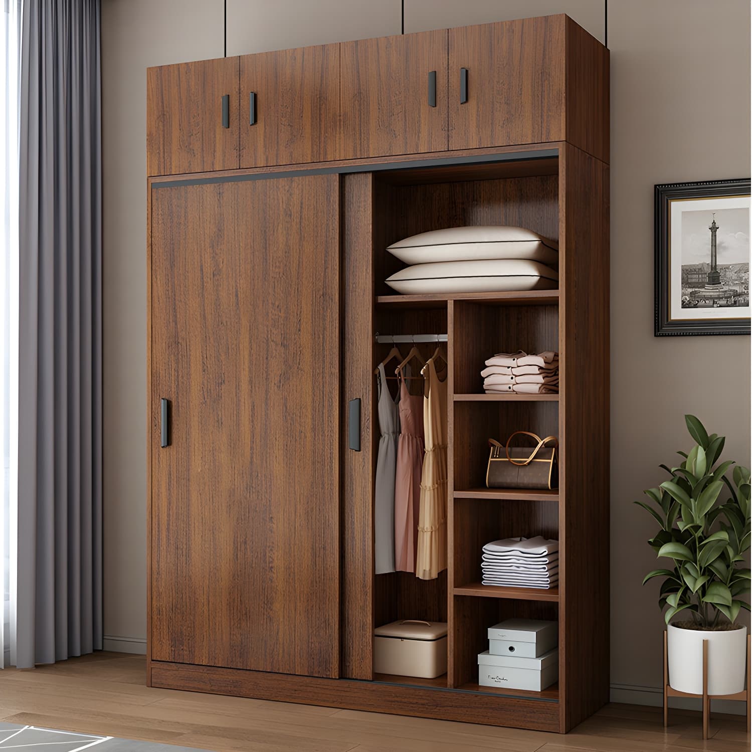 Contemporary Brown Wood Wardrobe Armoire with Clothing Rod & Shelves thumbnail 4