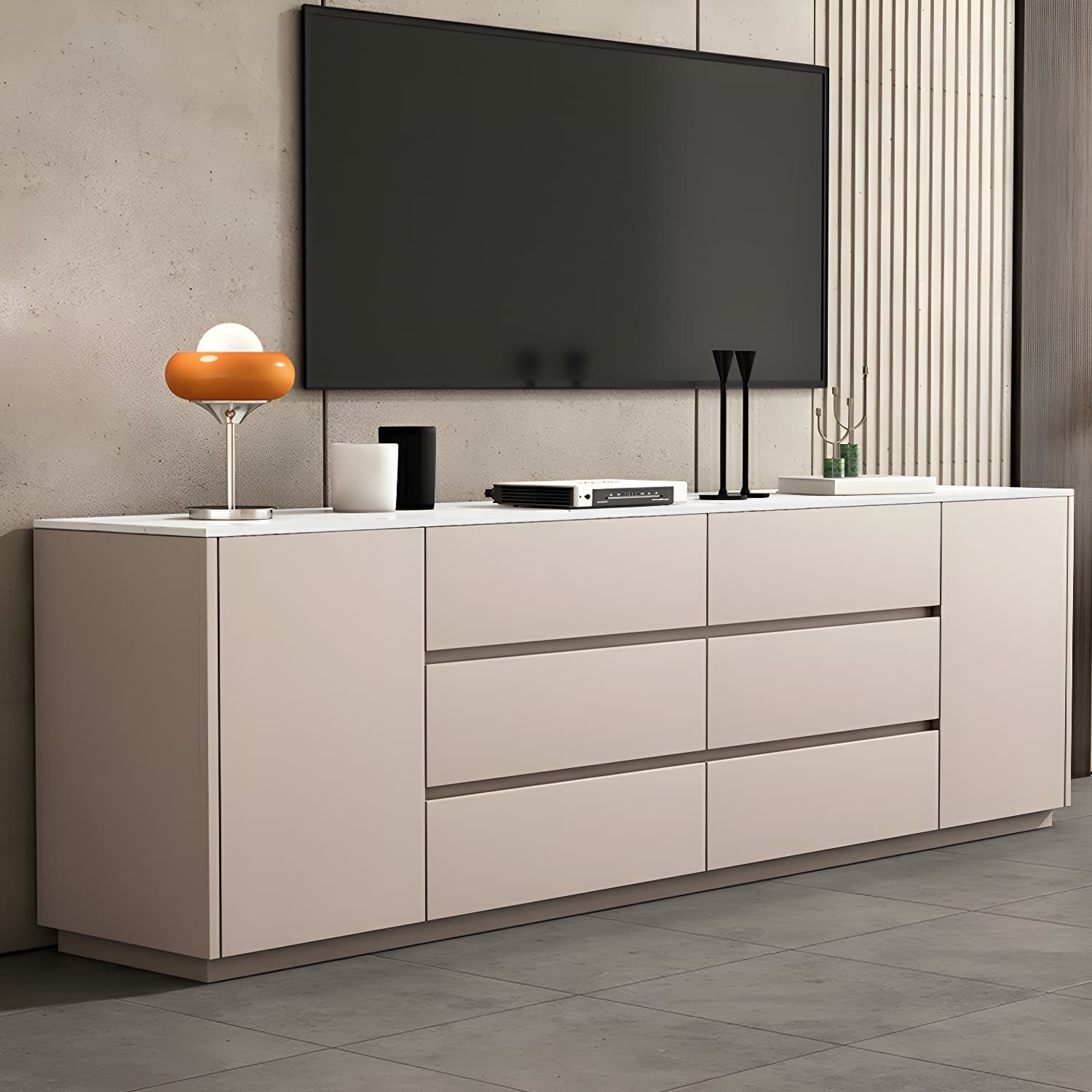 Modern Stone TV Stand with 6 Drawers and 2 Cabinets - Sleek and Stylish Design thumbnail 4