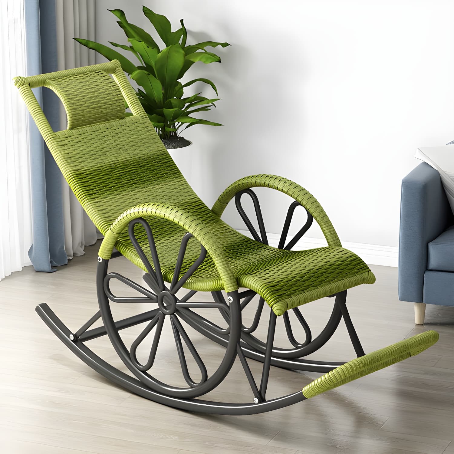 Rattan Modern Rocking Chair Woven Rope Rocker Chair in Black thumbnail 5