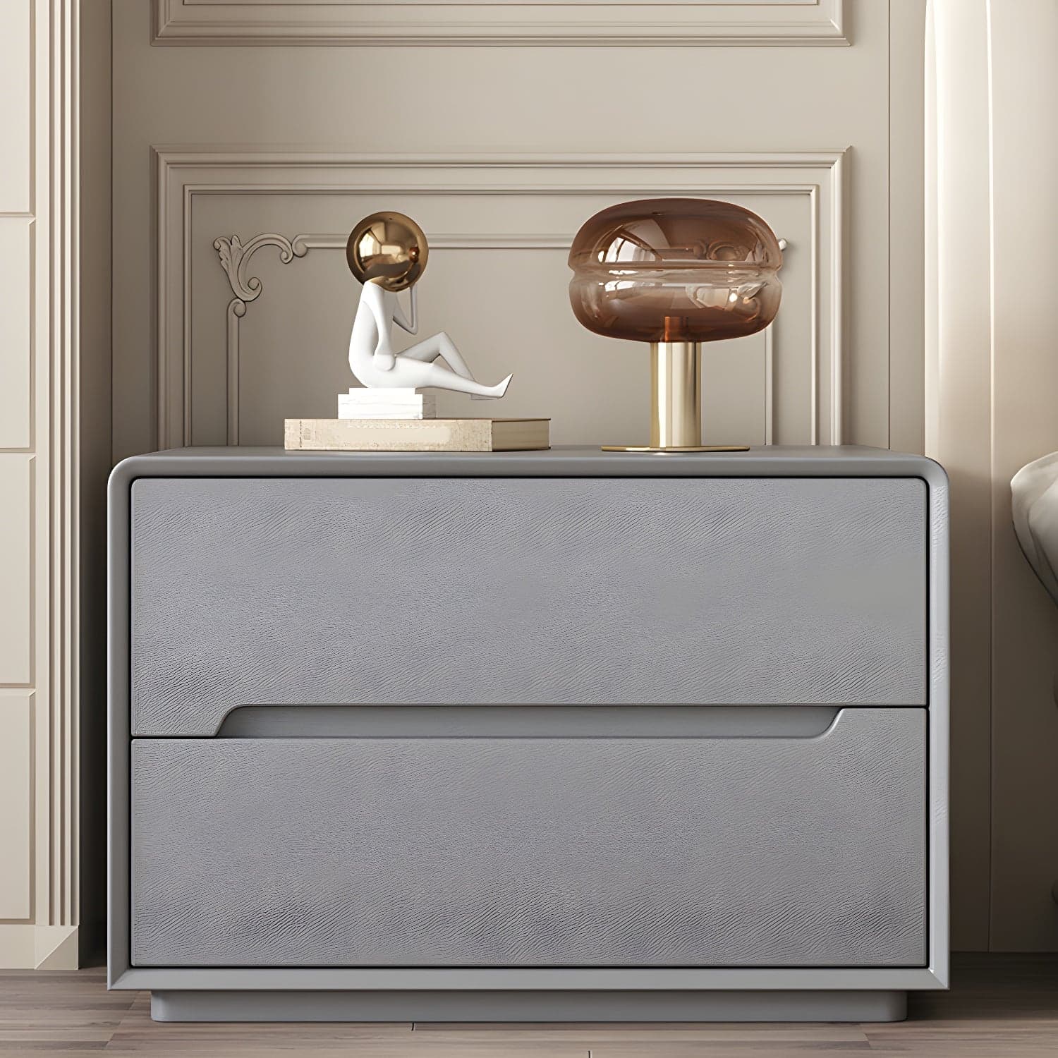 Modern Faux Leather Nightstand with 2 Drawers & No Distressing - Light Wood Tone thumbnail 5