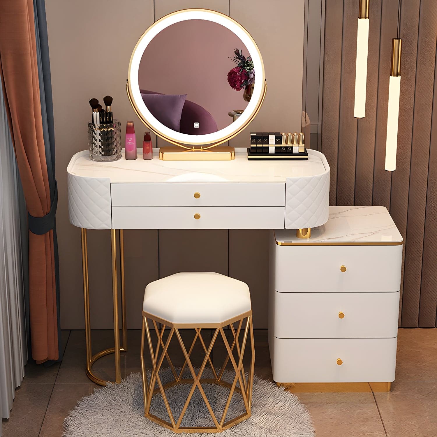 Lighted Mirror & Jewelry Makeup Vanity Metal Dressing Table Stool Set thumbnail 4