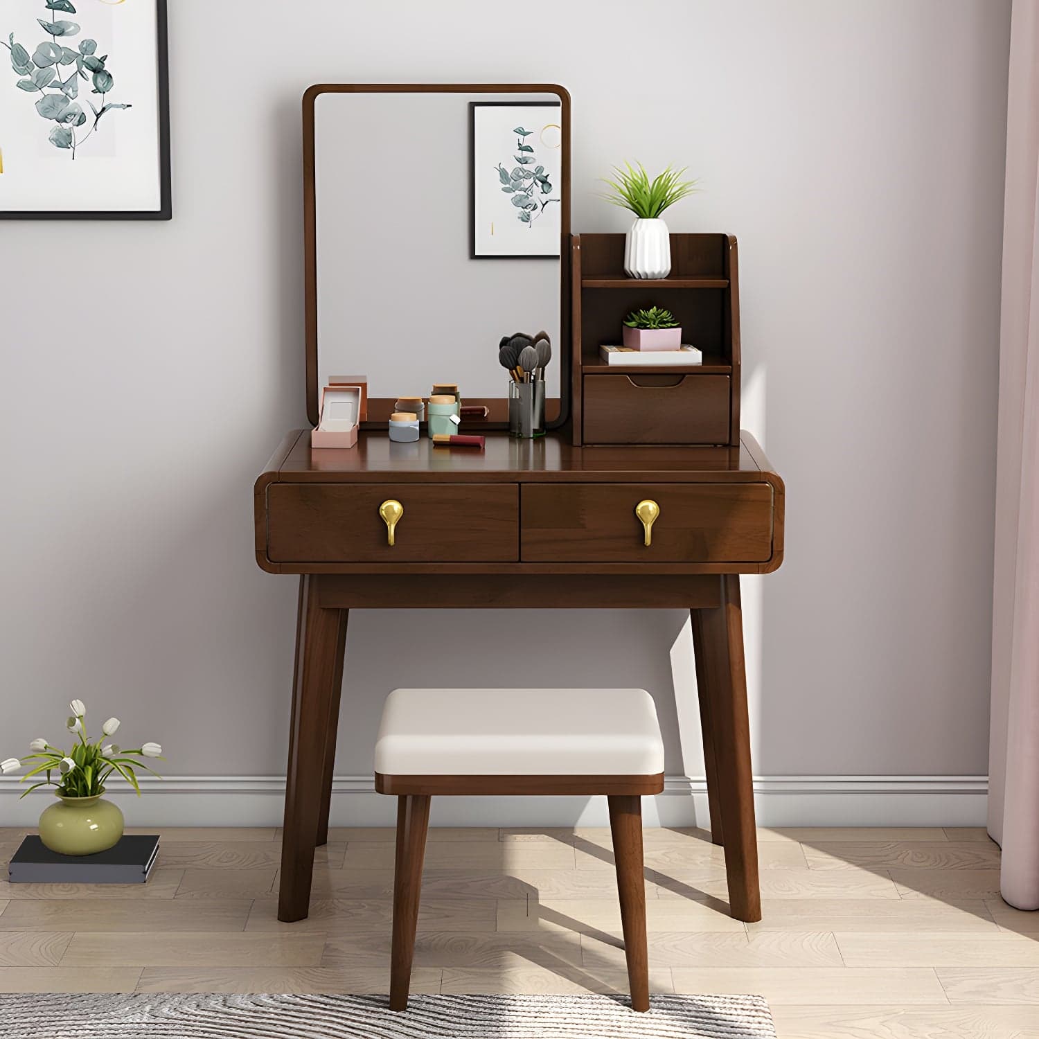 Scandinavian 3-Drawer Dressing Table Solid Wood Vanity Makeup Table Set thumbnail 3