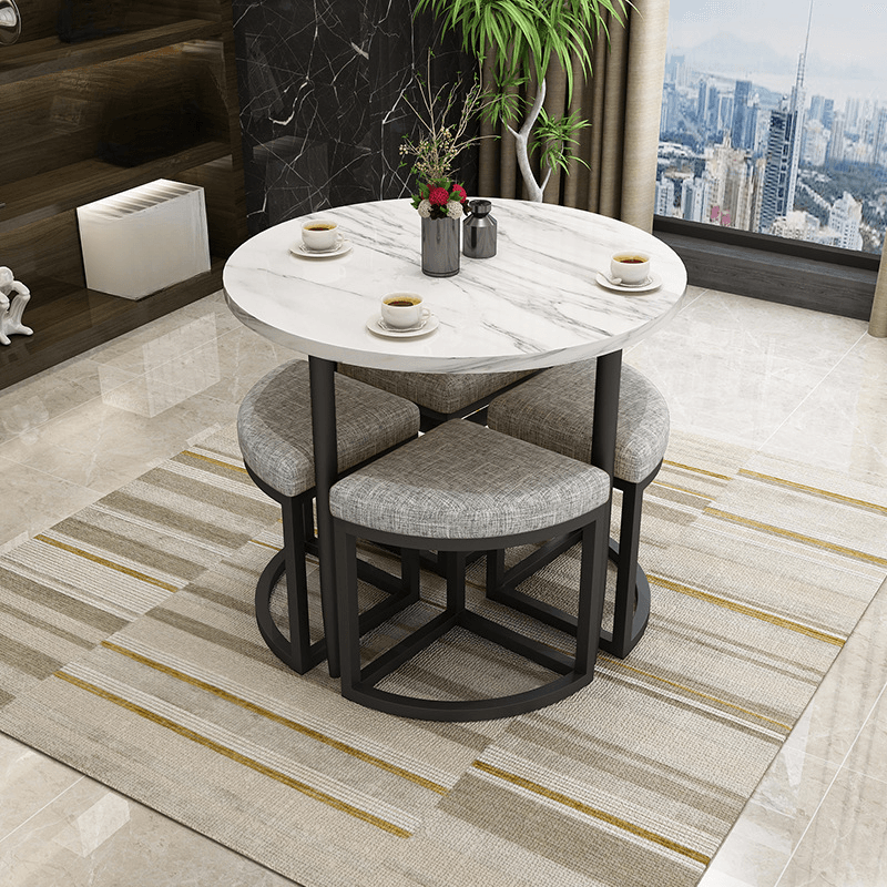 Reclaimed Wood Round Dining Table Set with Metal Toboggan Base and Upholstered Backless Chairs for 4 People thumbnail 14