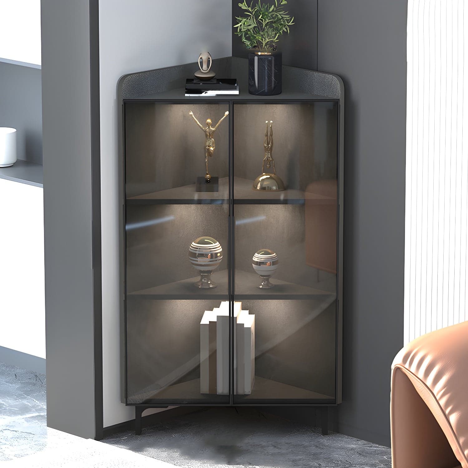 Scandinavian Corner Accent Cabinet with Glass Doors and Black Metal Base - Small Size thumbnail 3