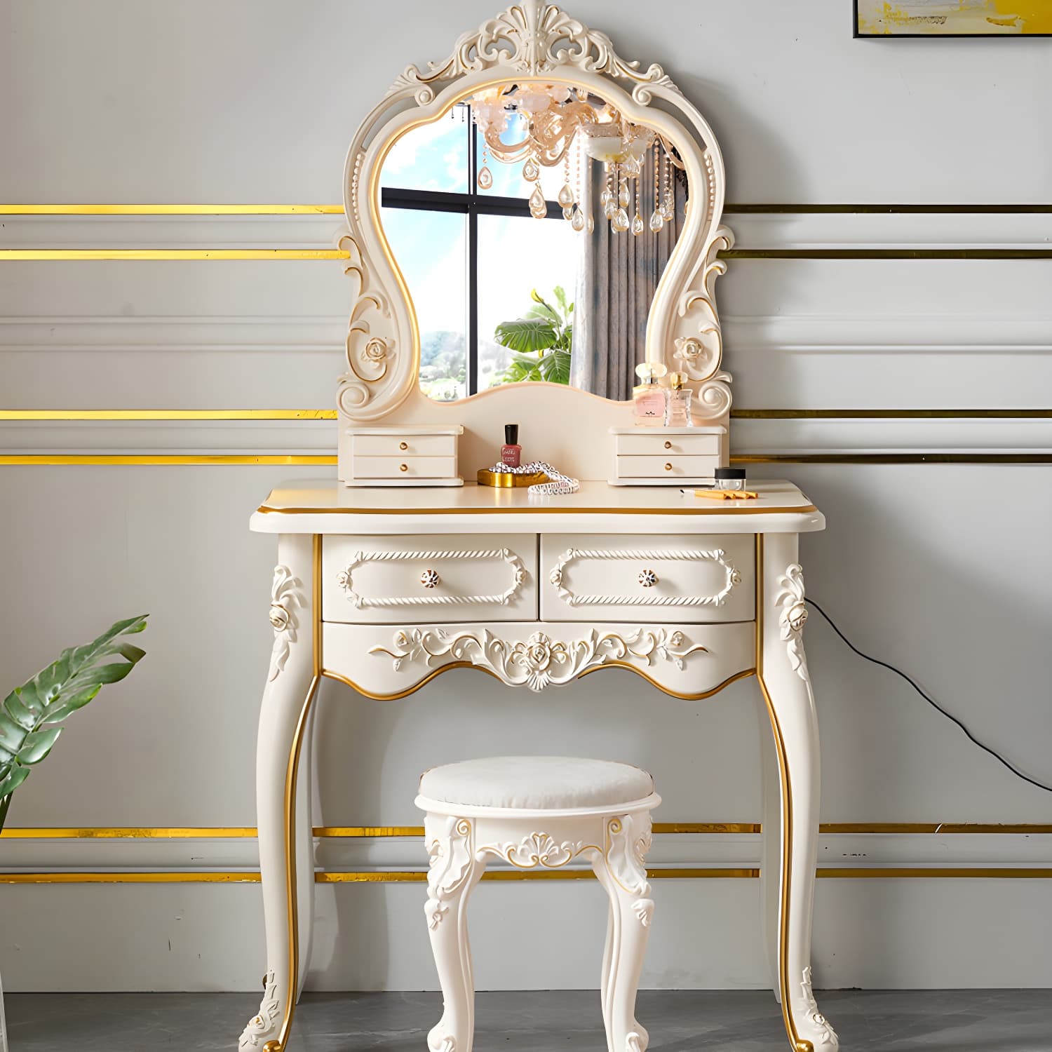 Victorian Make up Table Stool Set with Mirror and Drawers for Bedroom thumbnail 4
