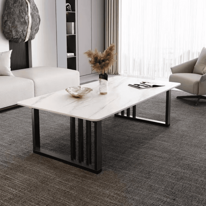 Lavish/Mission Style White Sintered Stone Geometric Figure Single Side Table with Sledge Base thumbnail 1