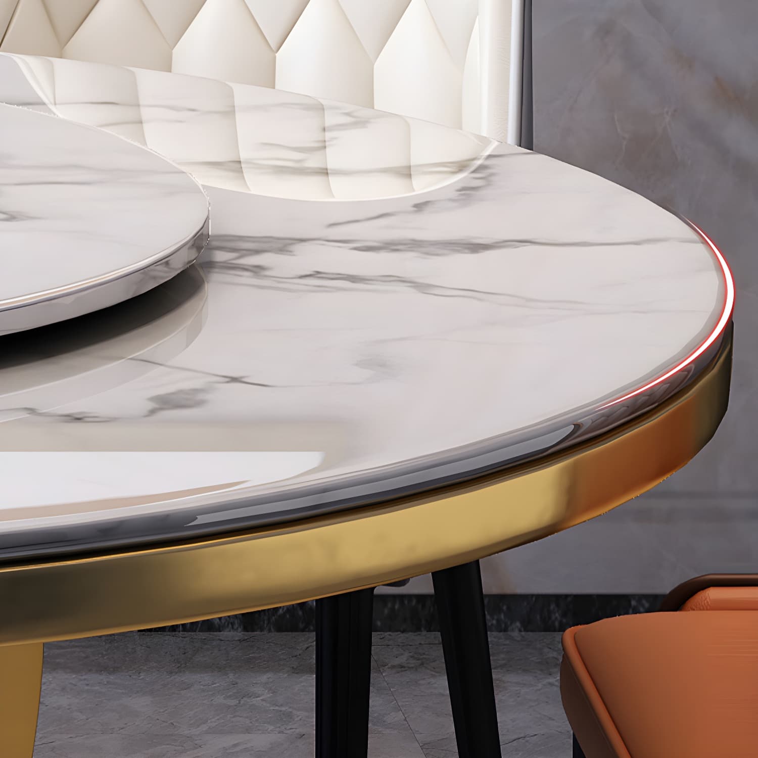 Glamorous Round Marble Dining Set with Gold Metal Pedestal Base and Upholstered White Chairs thumbnail 4