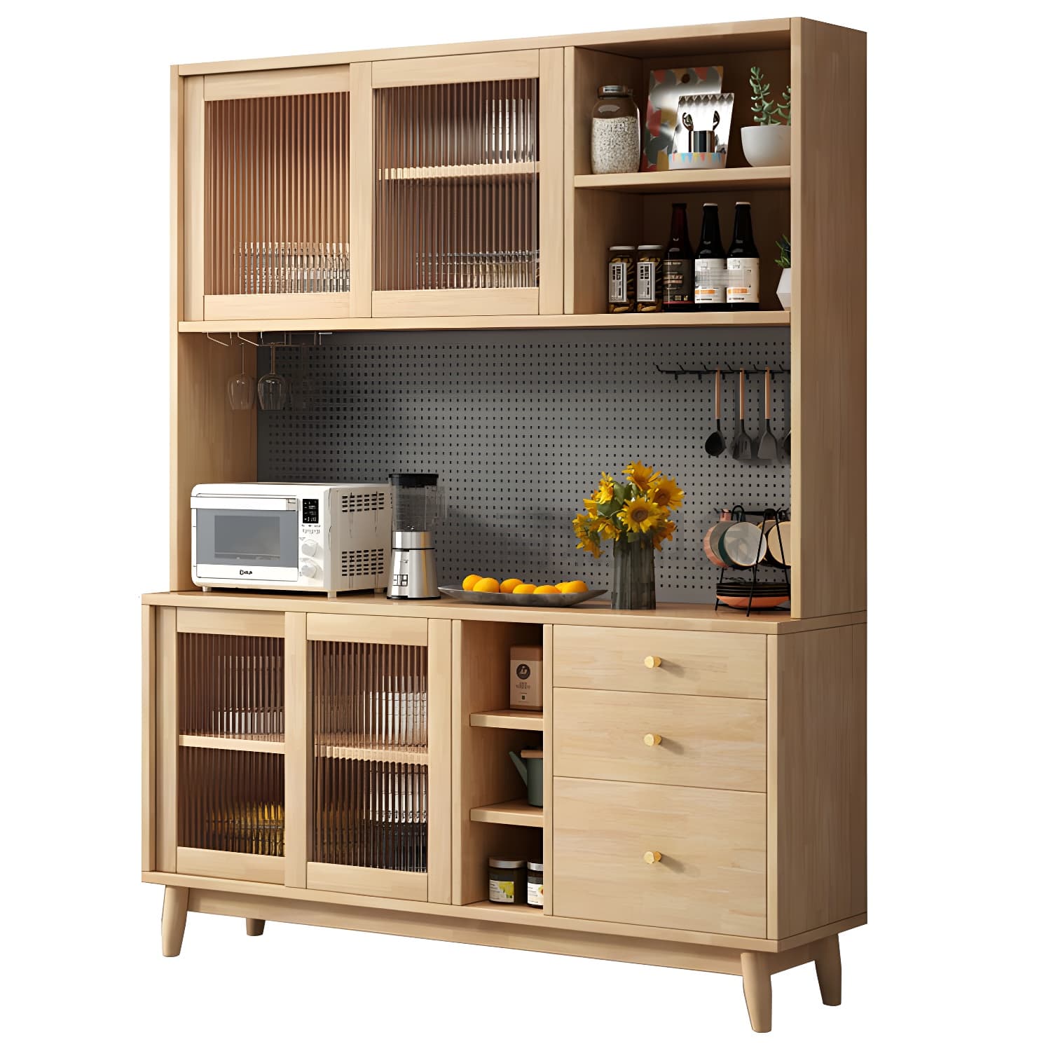 Modern Style Solid Wood Storage Sideboard Cabinet with Glass Doors and Drawers thumbnail 14