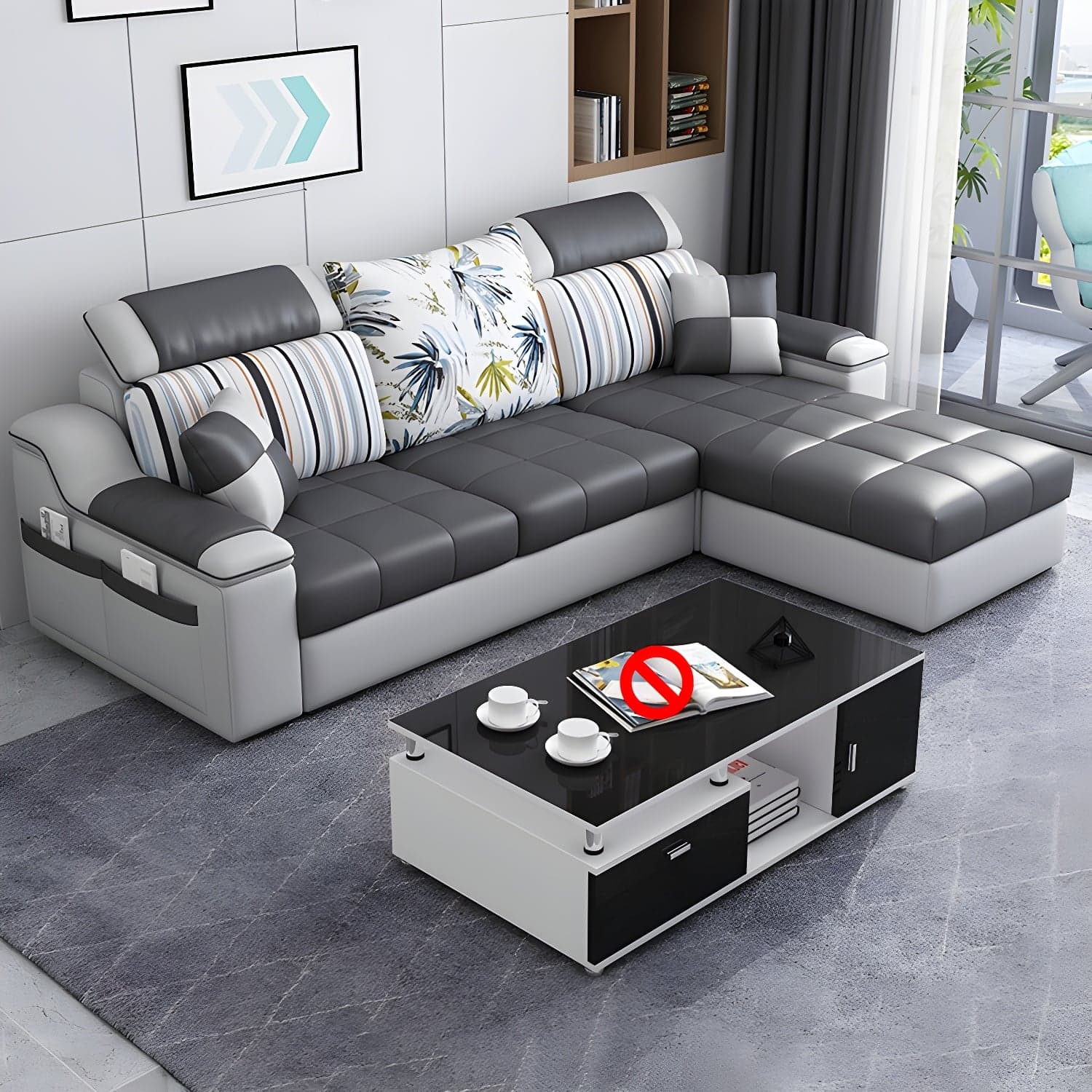 Reversible L-Shape Scandinavian Sectional Sofa with Ottoman and Adjustable Headrest in 2 Piece Set thumbnail 3