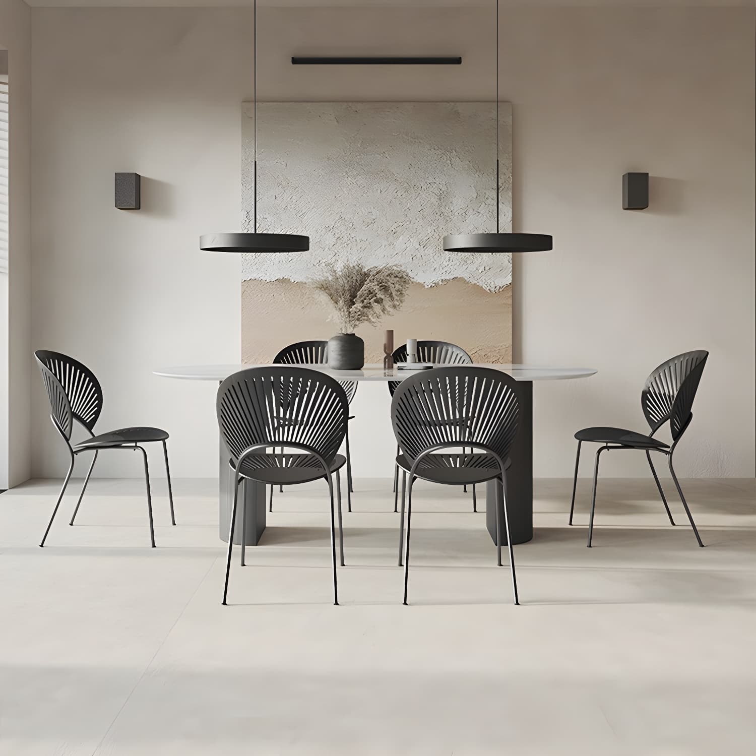 Modern Oval Dinette Table Sintered Stone Top Black Steel Double Pedestal Table thumbnail 5