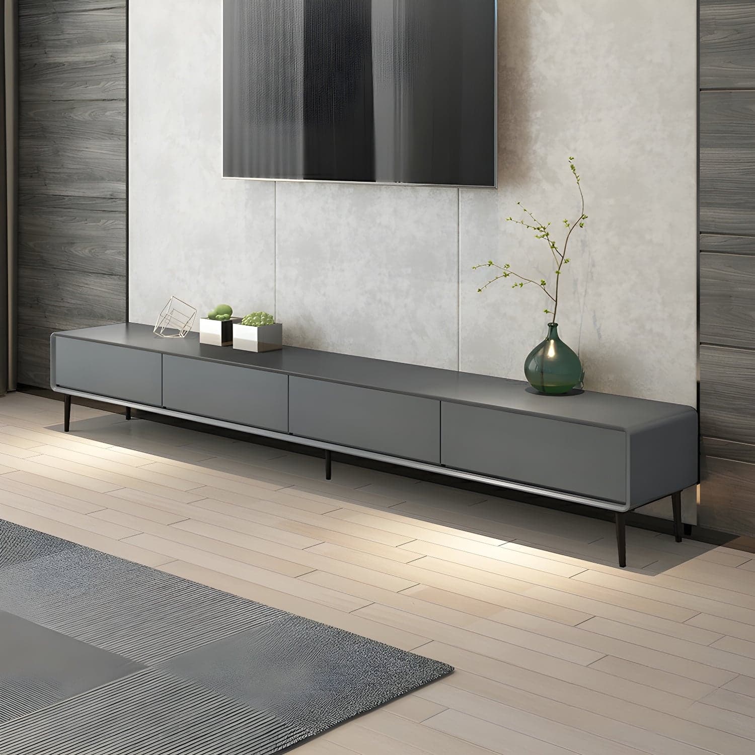 Modern Wooden Long and Low TV Stand with 4 Drawers, No Assembly Required, Dark Tone thumbnail 4