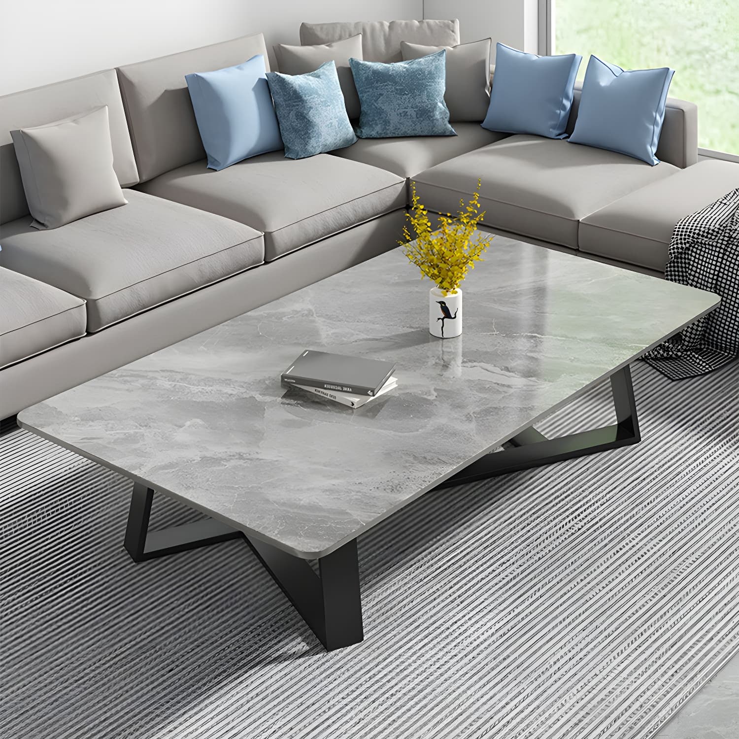 Modern Rectangle Coffee or End Table Stone and Steel Coffee Table with Cross Legs thumbnail 6