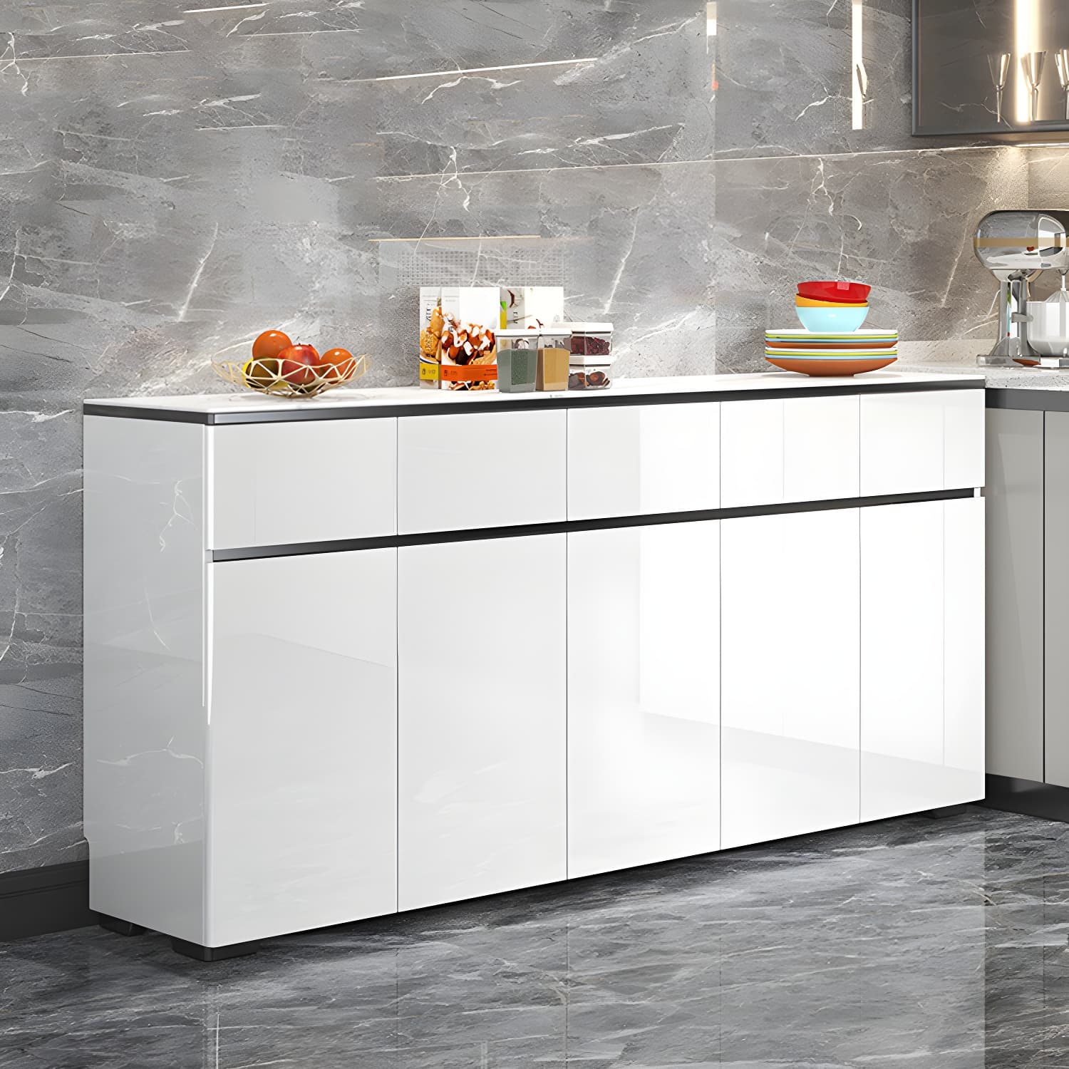 Modern White Sideboard with Glass Countertop, Cabinets, and Drawers thumbnail 4