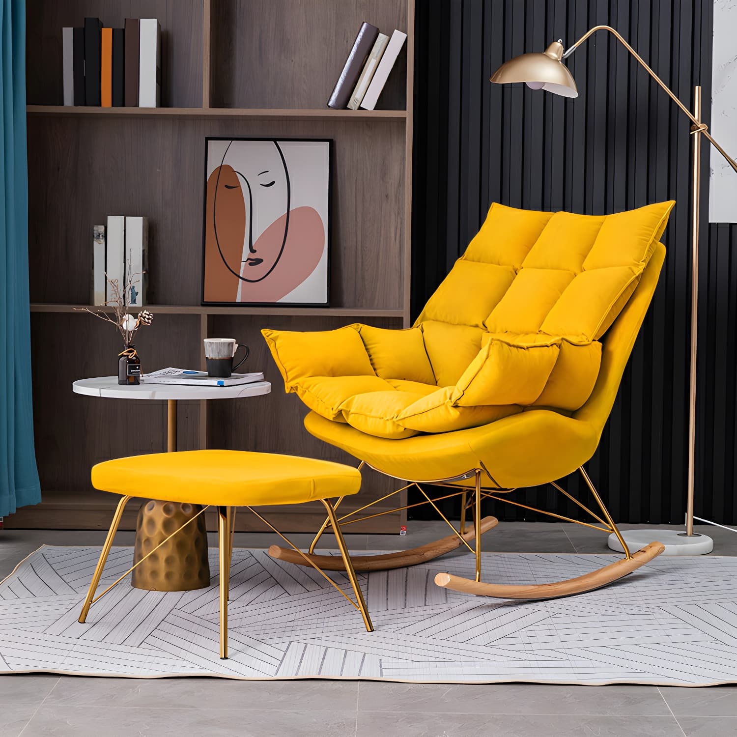 Rocking Accent Chair Upholstered Contemporary Living Room Spindle Tufted Cushions thumbnail 7